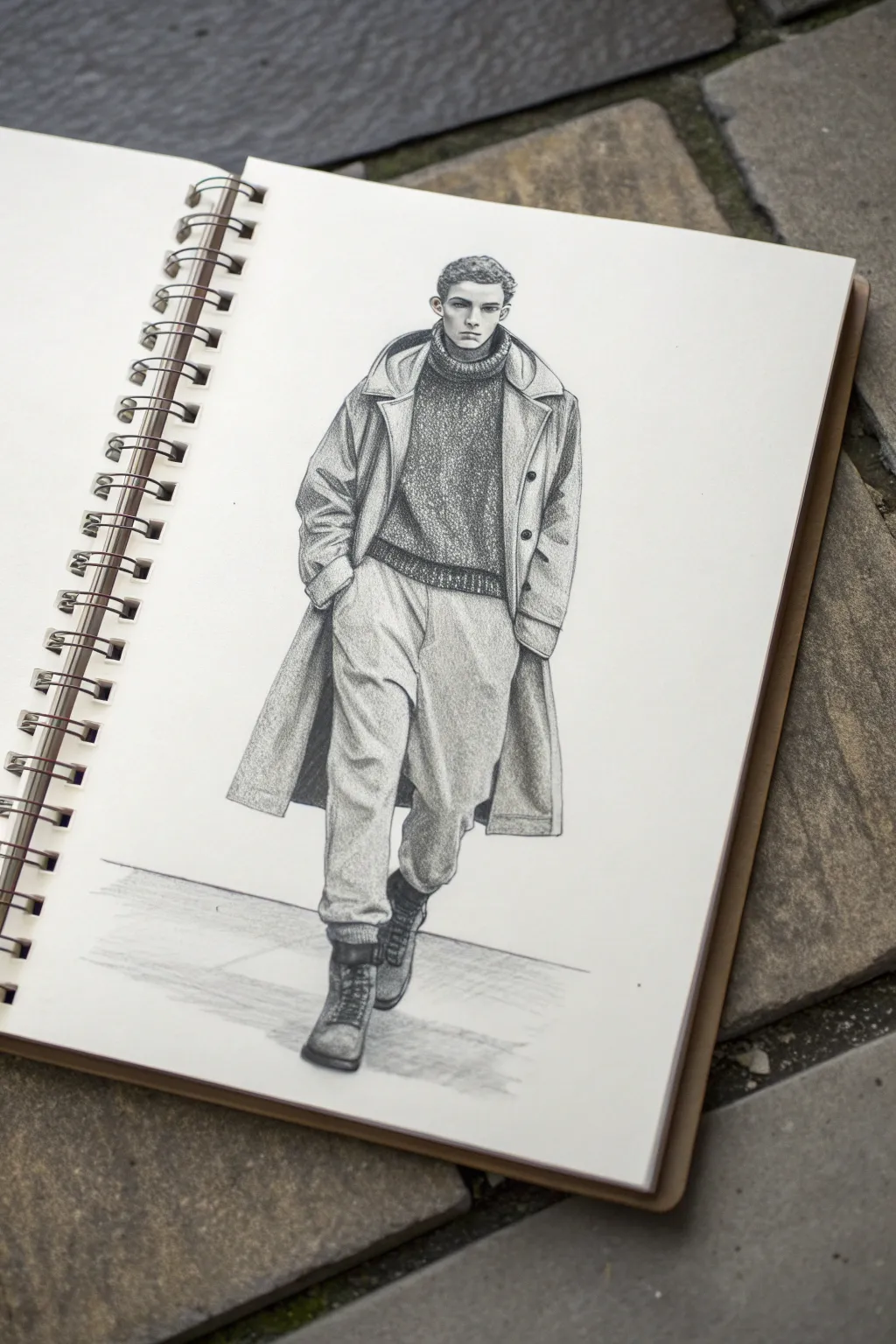 Monochrome value study of a mens outfit with light mid dark shading for confident layering.