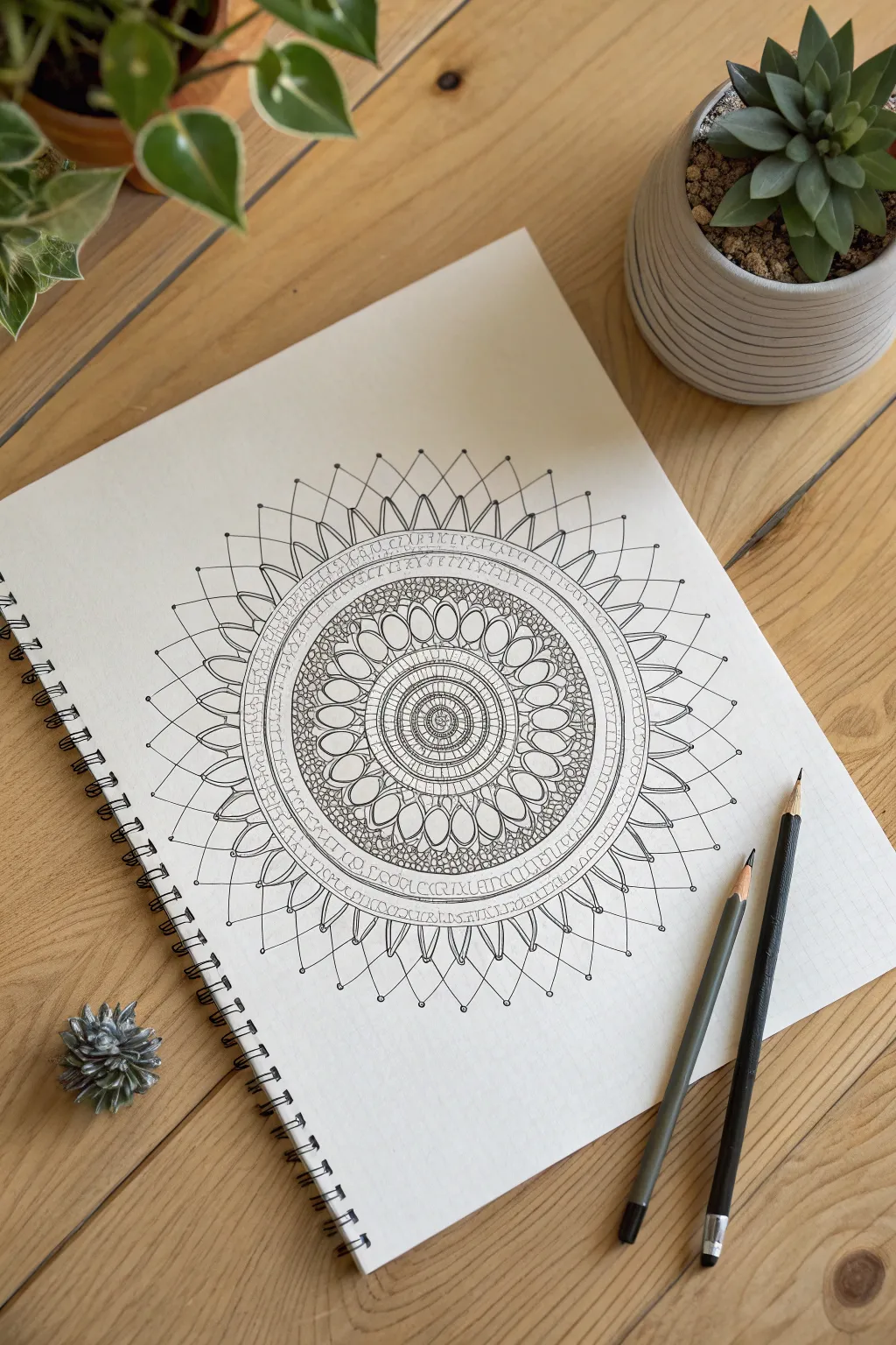 Spiral mandala bands with repeating motifs and faint guidelines for an easy, twisty layout