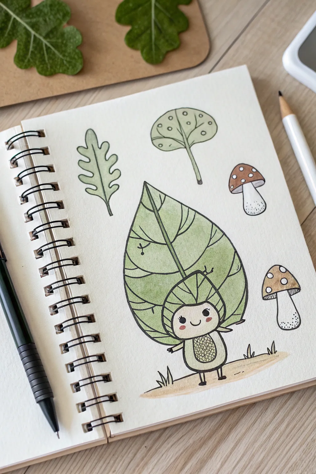 Simple leaf mascot with two easy top variations, minimalist lines and soft boho nature tones