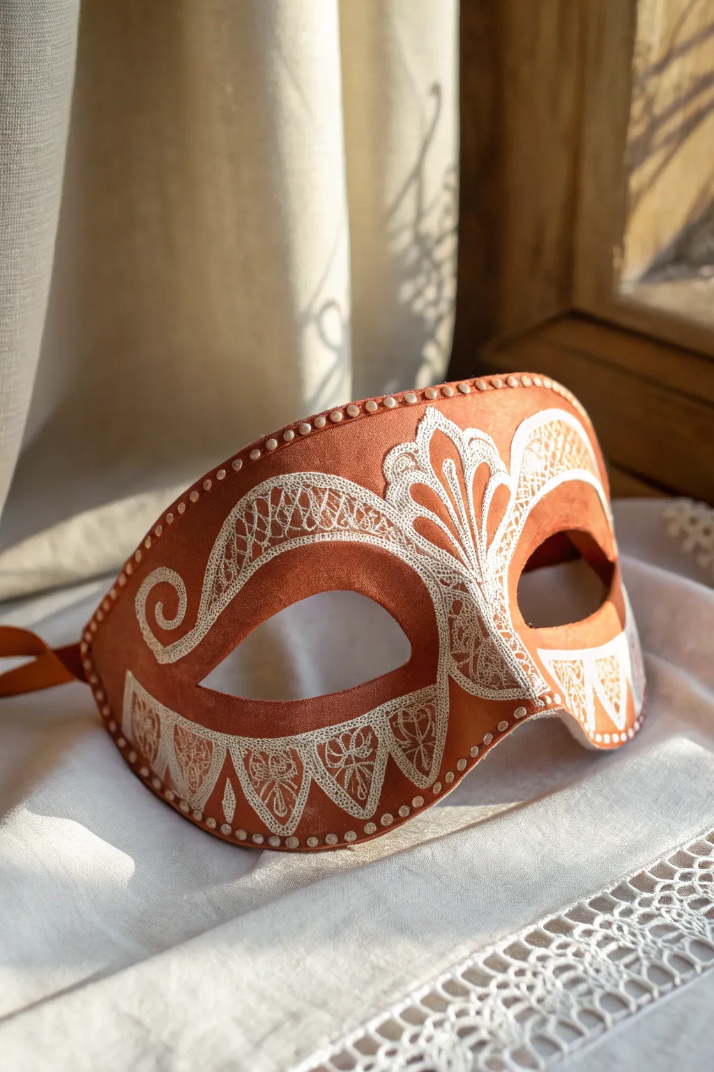 Bold terracotta mask with crisp negative-space lace around the eyes, minimalist boho inspiration.