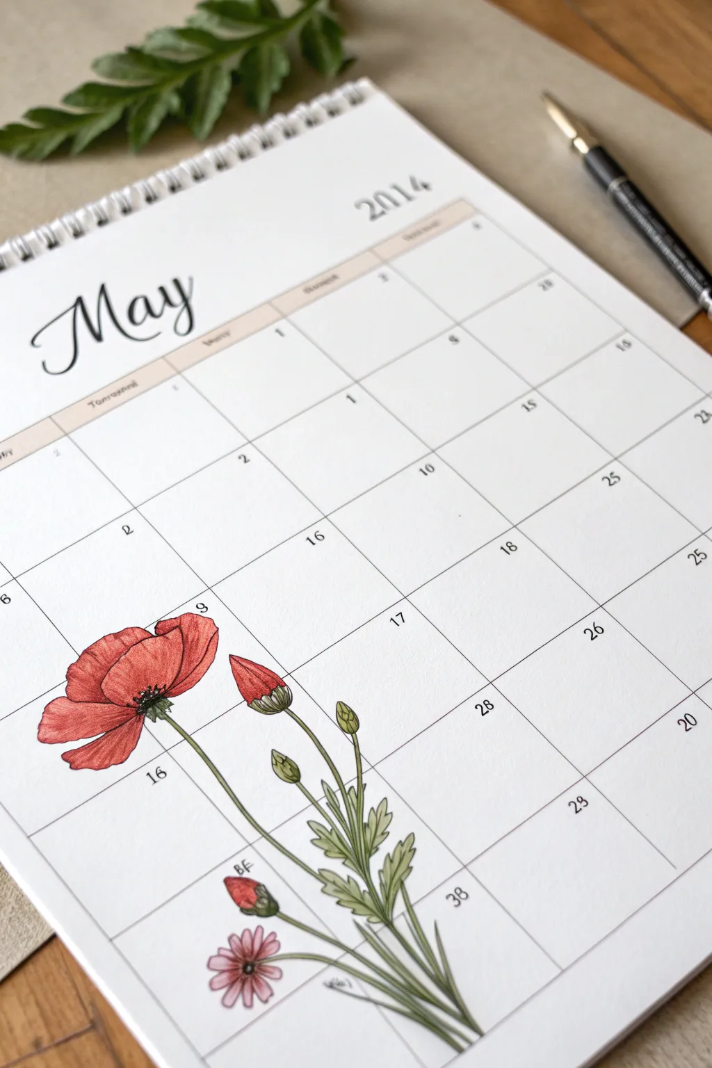 Minimal May calendar sketch with a single poppy accent for a calm Memorial Day touch.