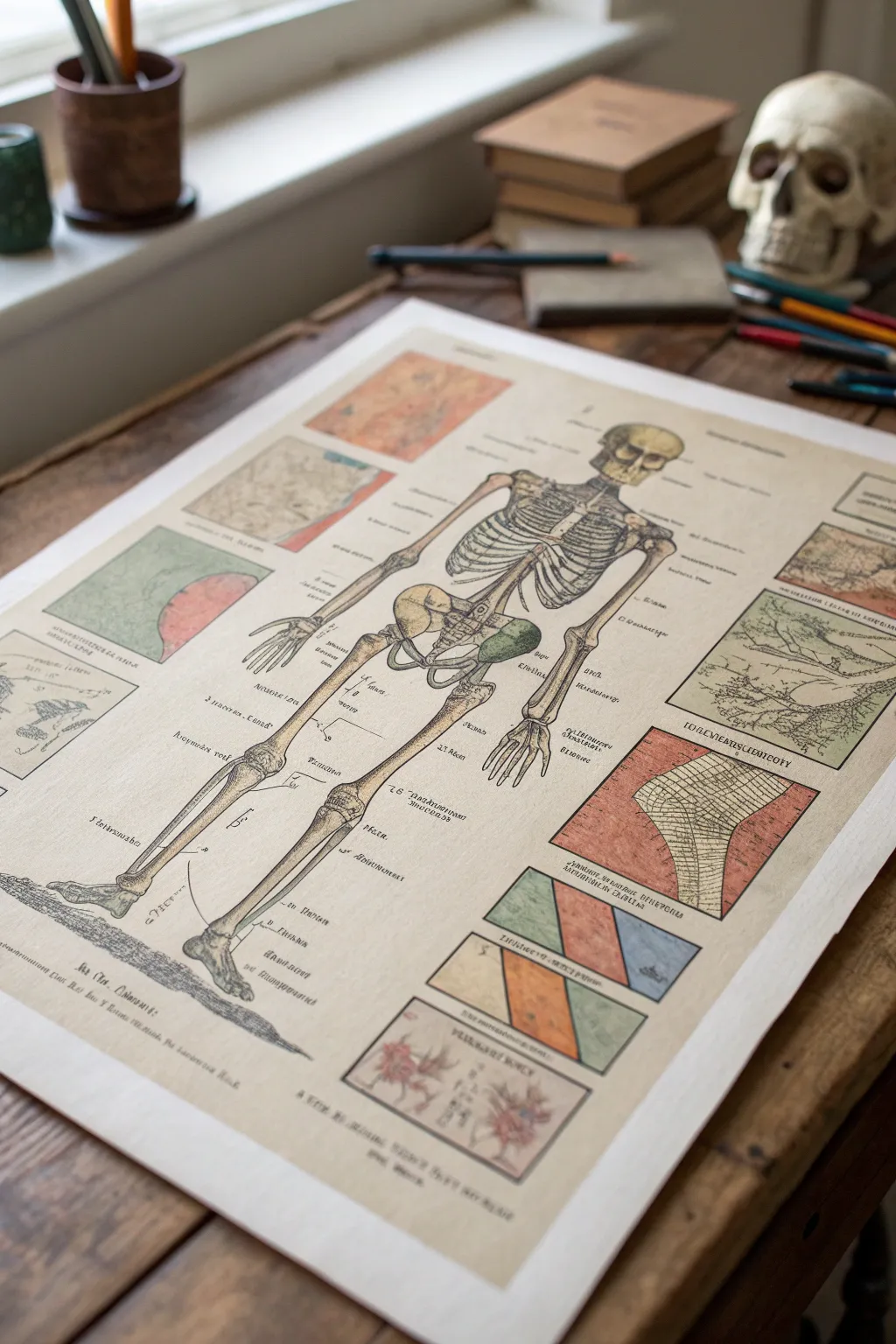 Mixed-media medical diagram collage with layered paint, cut shapes, and crisp pencil anatomy.