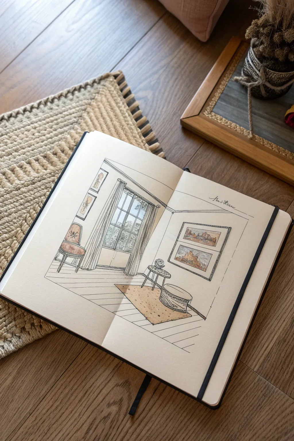 Medium drawing idea: a cozy 1-point perspective room corner with window, table, and rug.