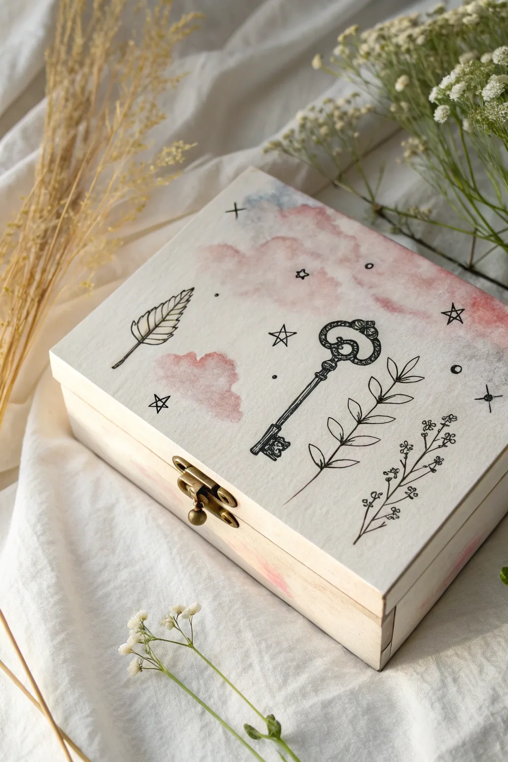 Soft watercolor wash and crisp ink doodles turn a memory box lid into a keepsake artwork