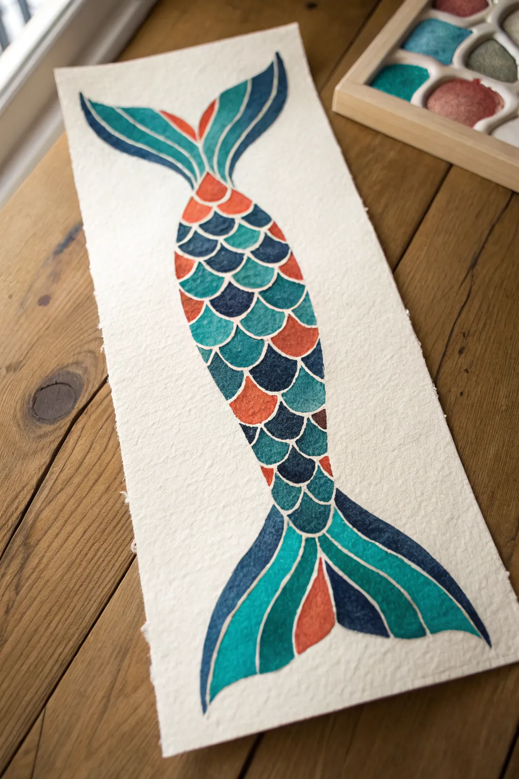 Geometric mermaid tail with stained glass scales, bold blocks, and clean lines to paint yourself