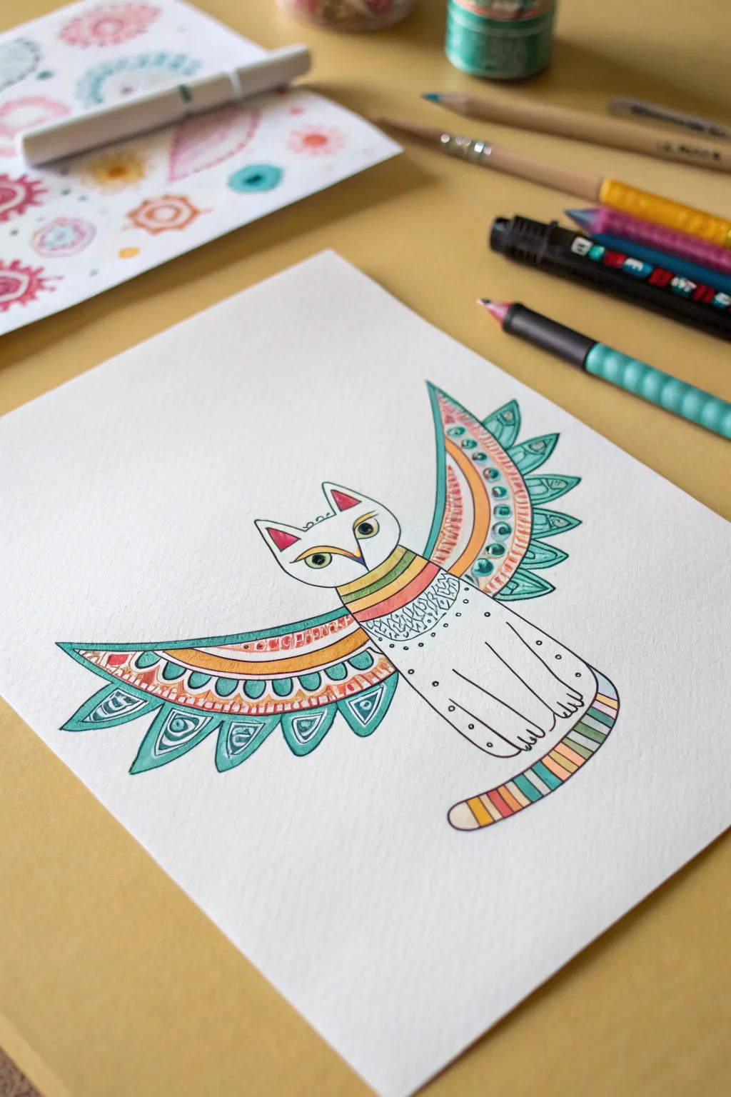 Draw a bold alebrije mashup: simple silhouette, wild patchwork patterns, vibrant Mexico vibes