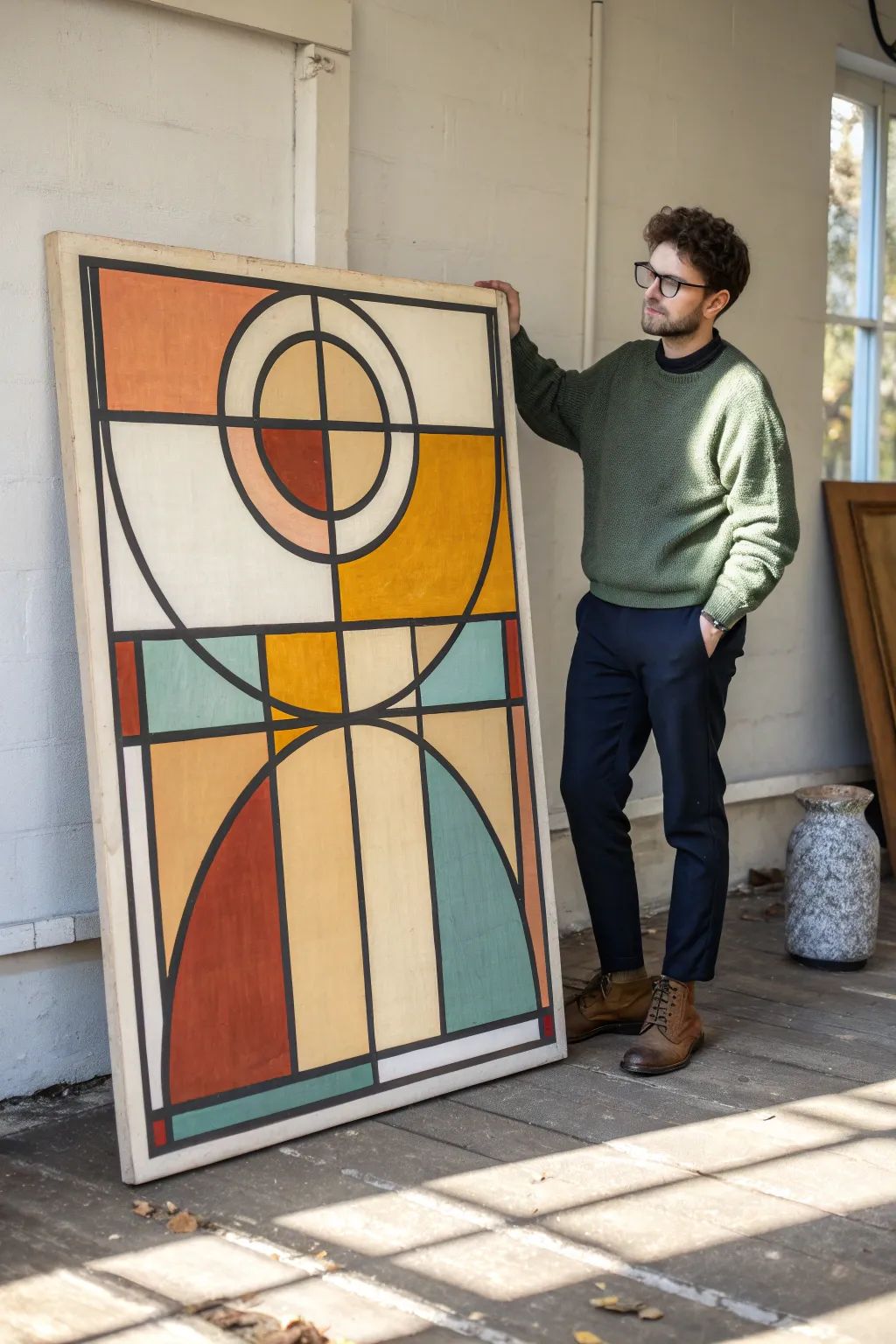 Minimal mid-century abstract figure in geometric shapes, retro hues, and airy negative space