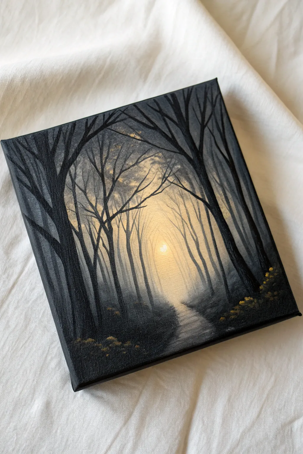 Mini black canvas forest path with a soft central glow, moody contrast, simple and calming