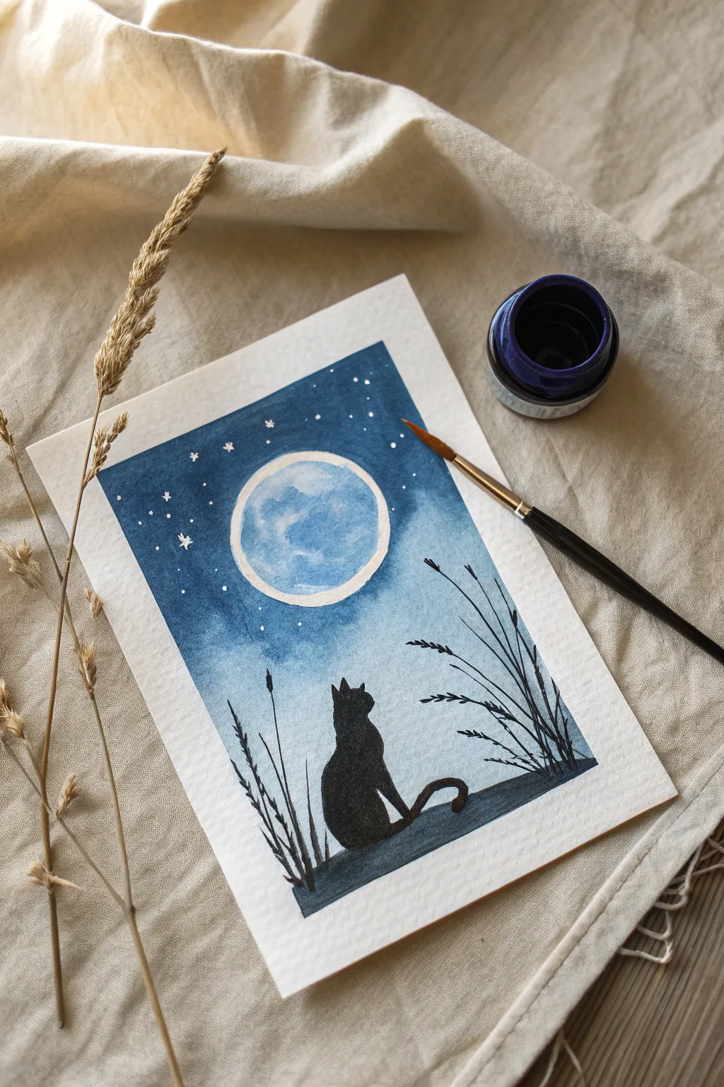 A dreamy cat silhouette gazing at the moon. Simple, elegant, and perfect for your next mini canvas.