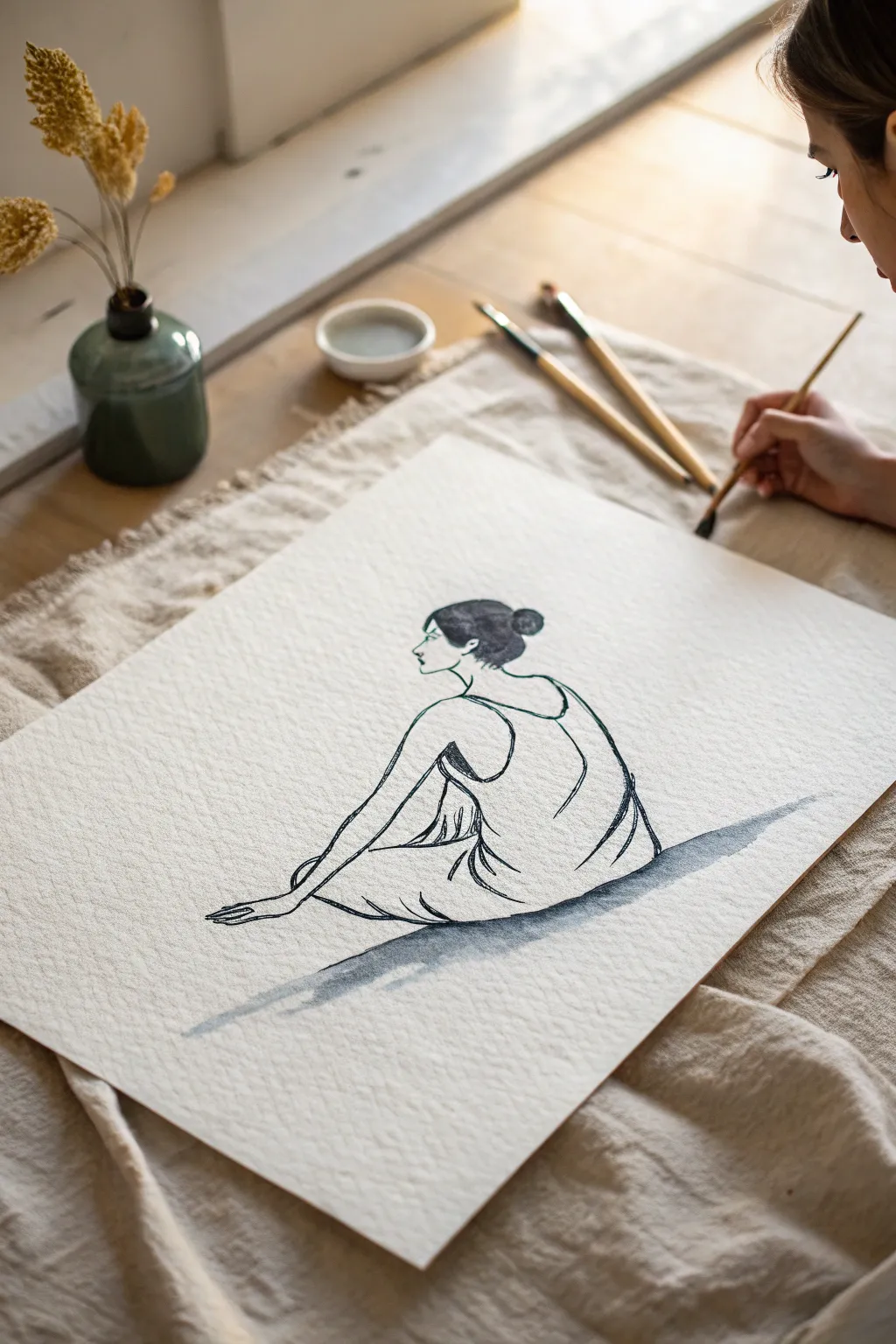 Minimal continuous line figure on warm white paper, calm Scandinavian minimalism with boho warmth.