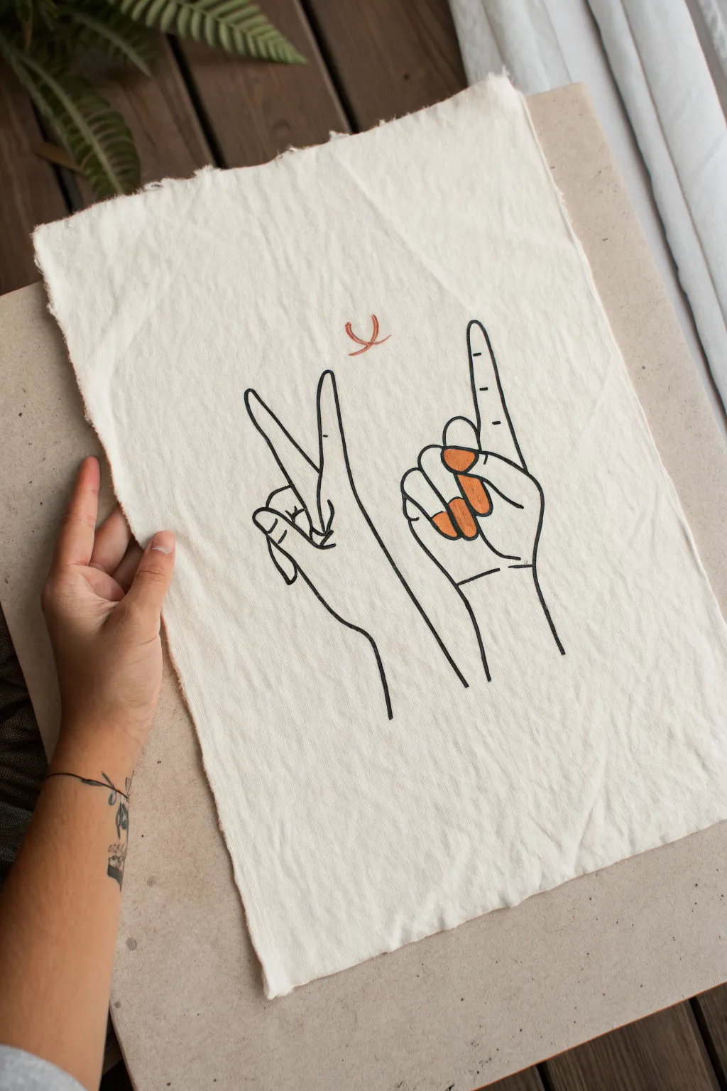 Abstract hands built from negative space, with minimal lines and one muted terracotta accent.