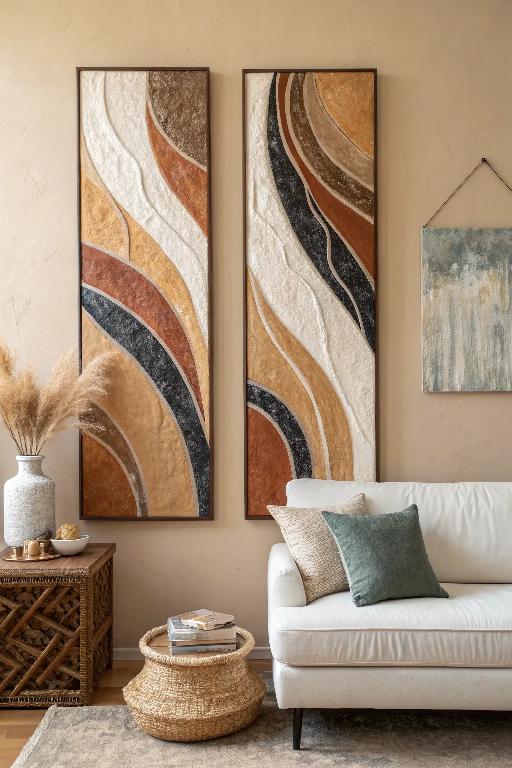 Asymmetrical diptych canvases in warm neutrals bring a modern twist to a calm living room.