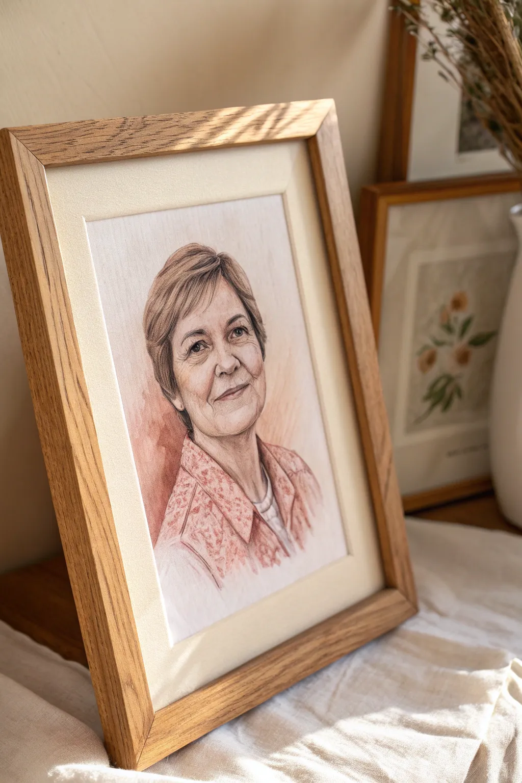 Photo-inspired minimalist portrait in warm neutrals for a thoughtful, feminine Mom birthday painting idea.