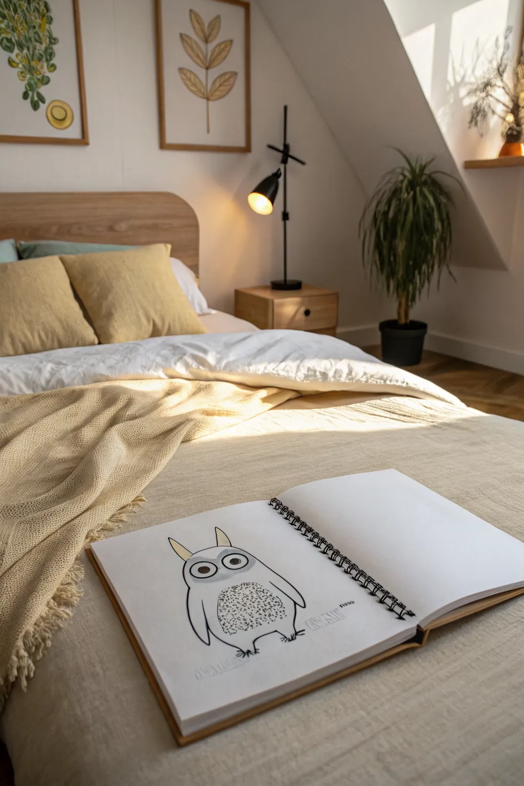 A sweet monster peeks from under a minimalist bed pop-up, cozy light and soft shadows.