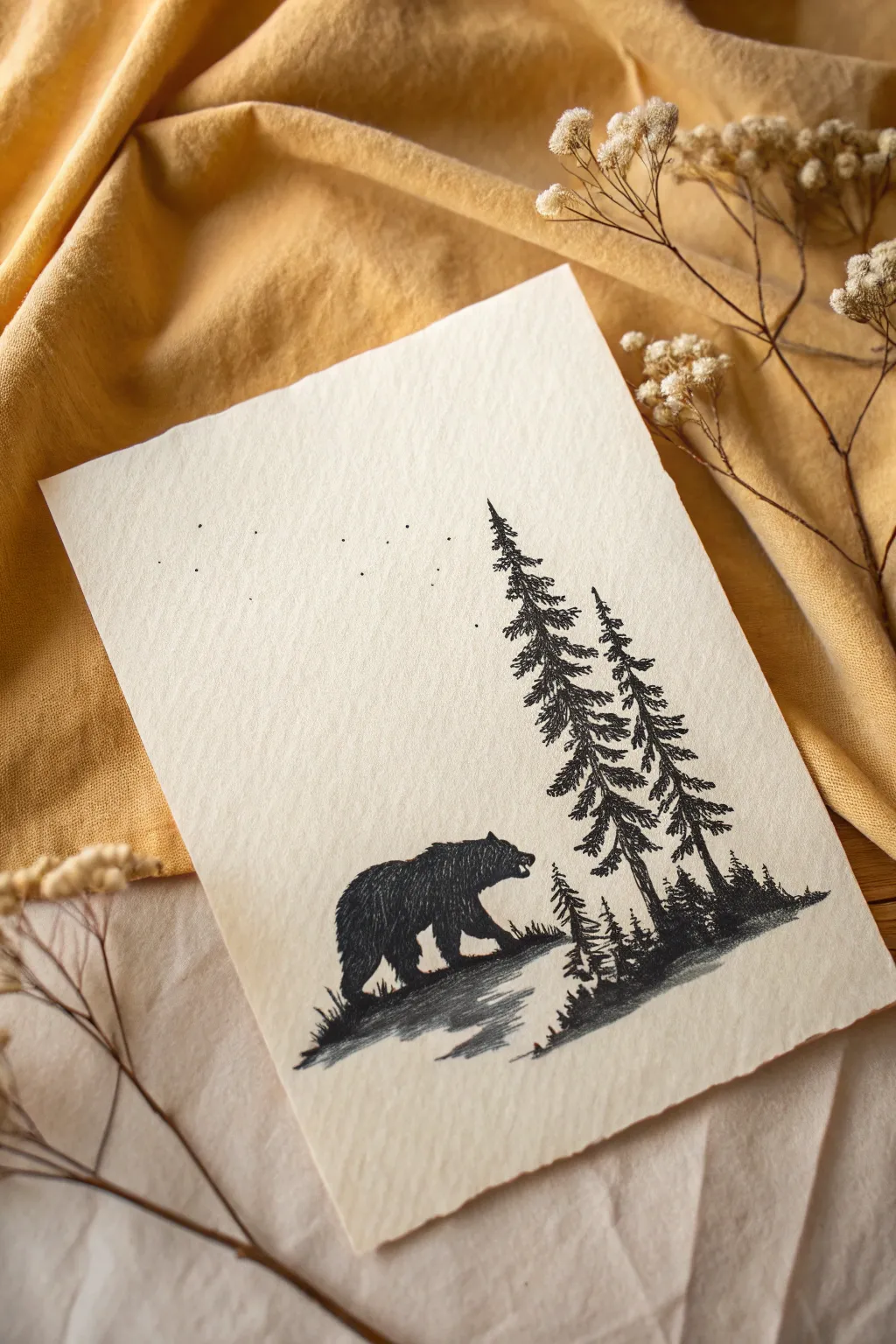 Bear-body forest monster drawing: bold fur texture, dramatic light, and a simple treeline silhouette