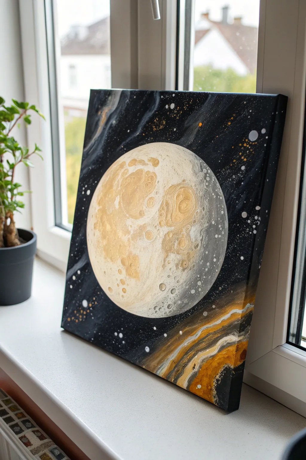 Acrylic pour moon with natural crater cells, floating on a minimalist midnight sky.