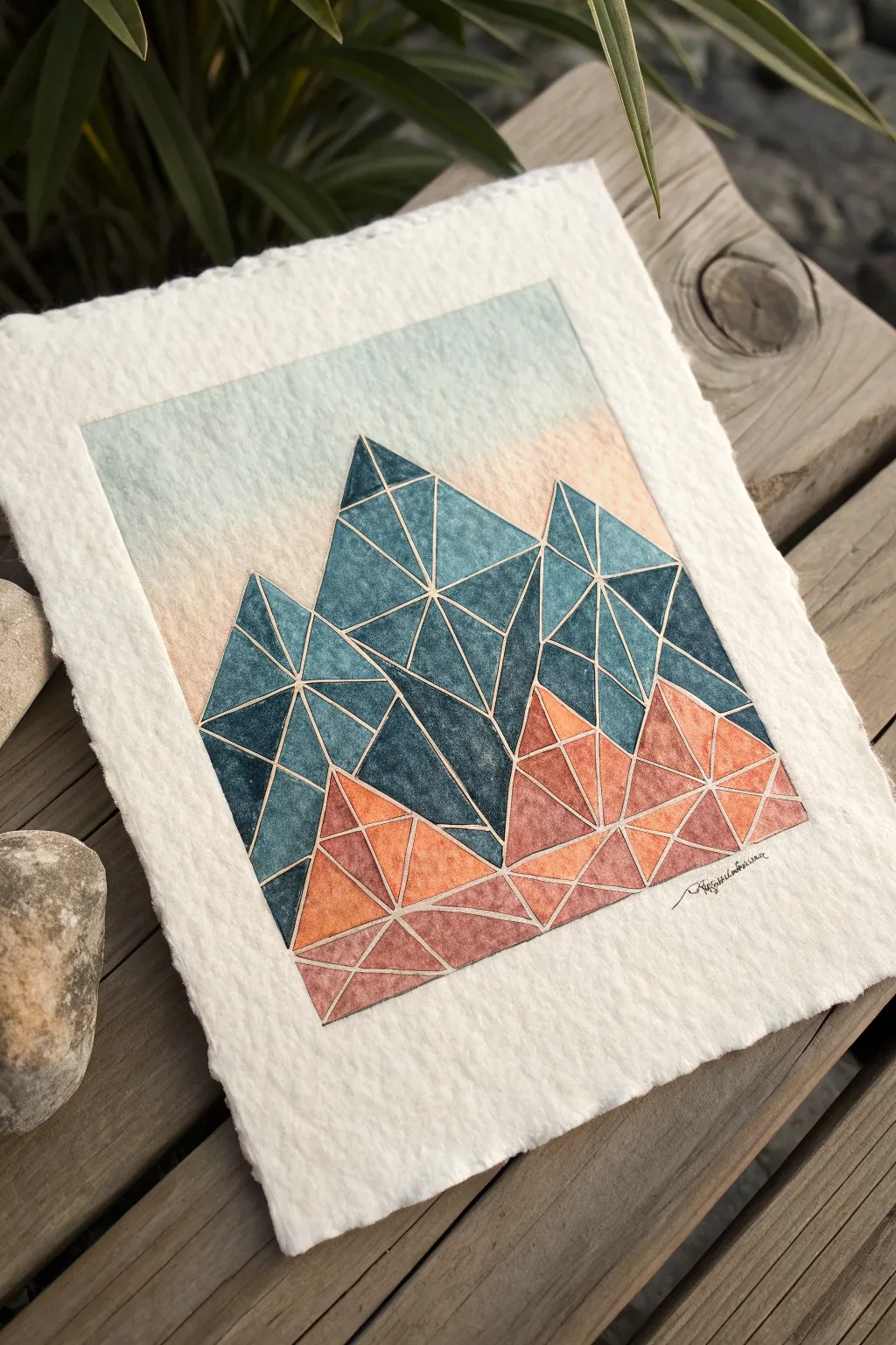 Cool-to-warm mosaic mountains: crisp polygon tiles with a calm minimalist sky for contrast
