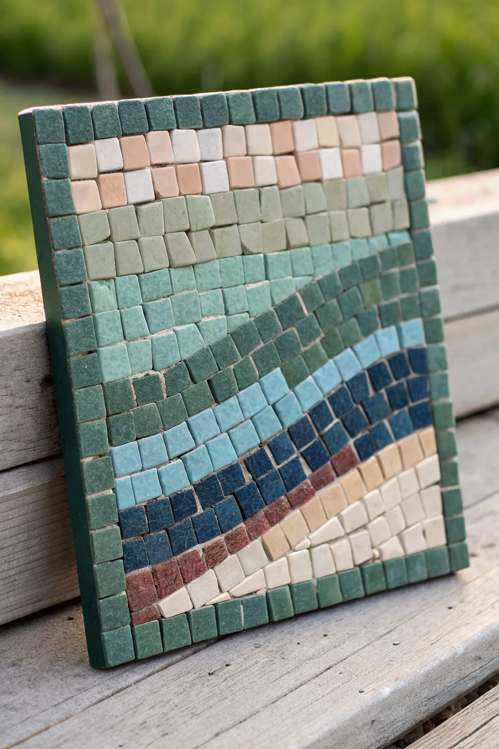 Abstract pixel landscape mosaic in calming greens and blues, perfect minimalist boho DIY inspo.