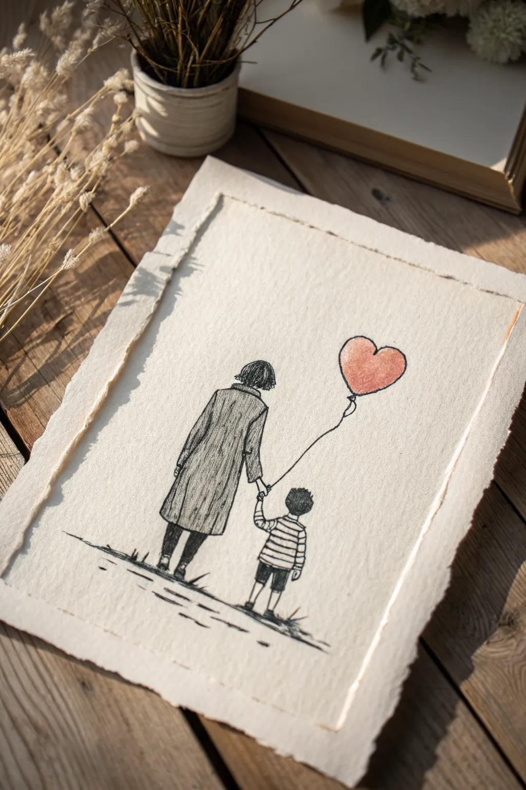 Sweet heart balloon gift sketch: minimalist mother and son drawing idea with soft boho warmth