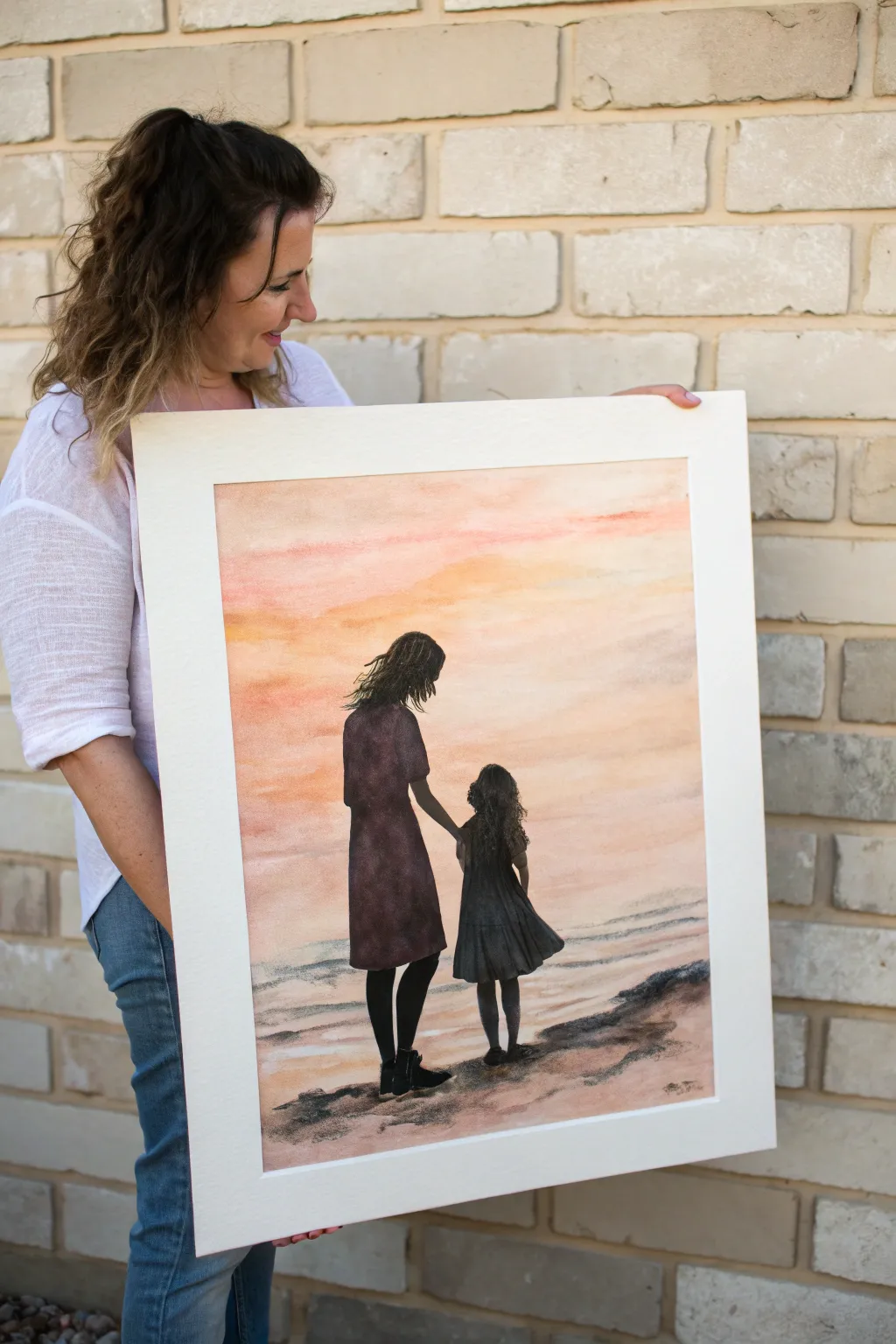 Soft watercolor wash meets bold palette-knife texture in a mother–daughter embrace artwork