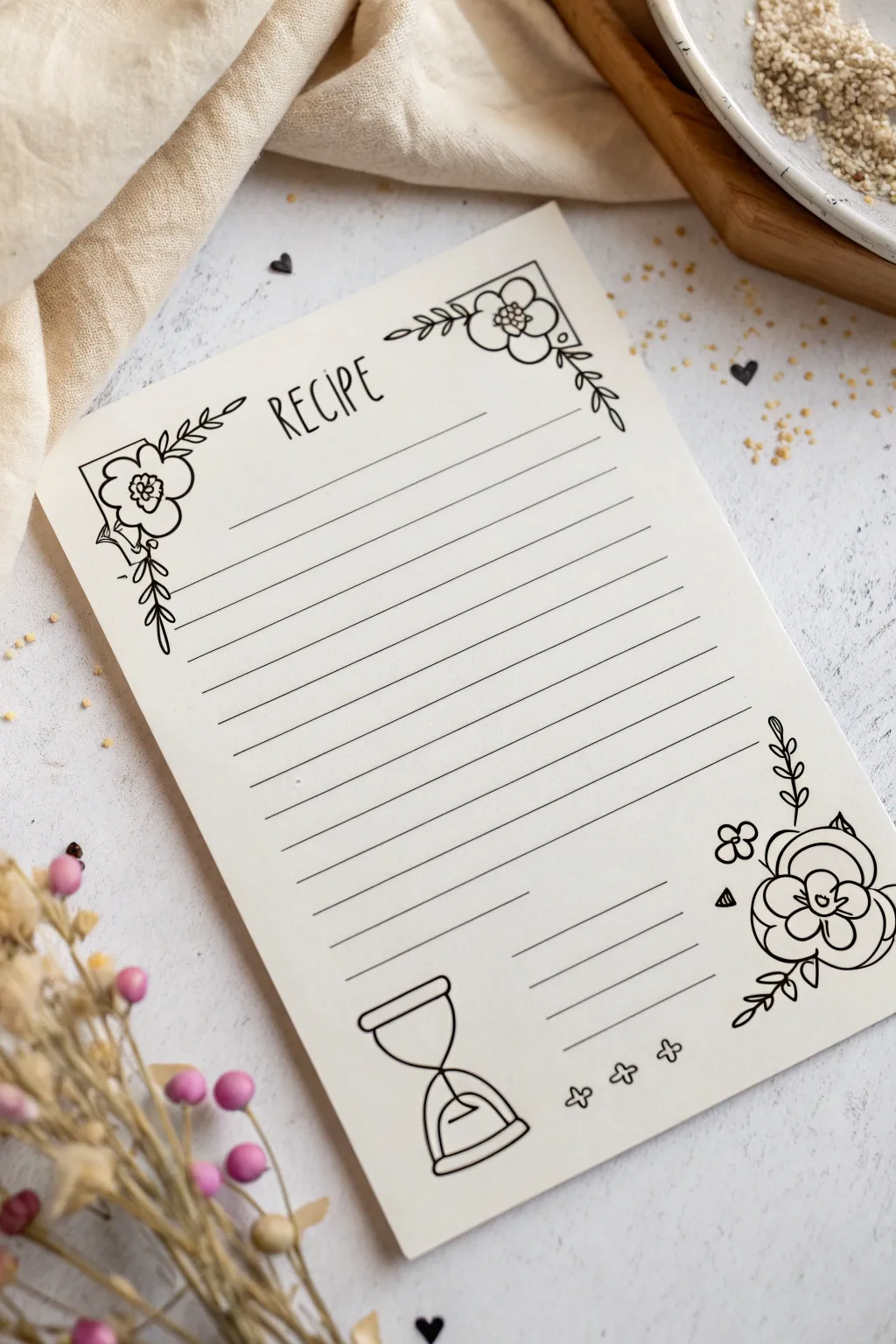 Minimalist recipe card drawing with sweet ingredient doodles, a Mothers Day sketch to recreate