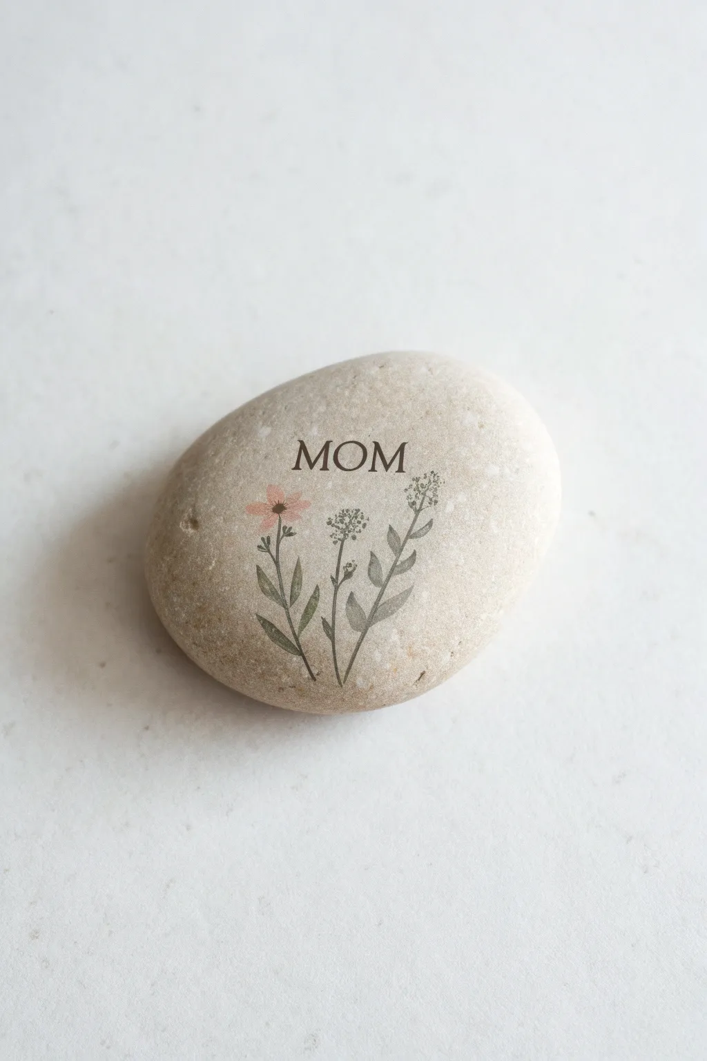 Simple negative-space Mom rock with delicate wildflowers, perfect for an easy Mothers Day DIY.
