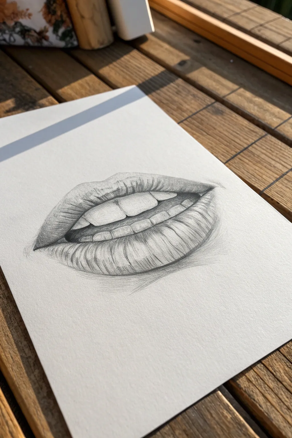 Lip bite mouth drawing with a delicate indentation and deep shadow for tension and story