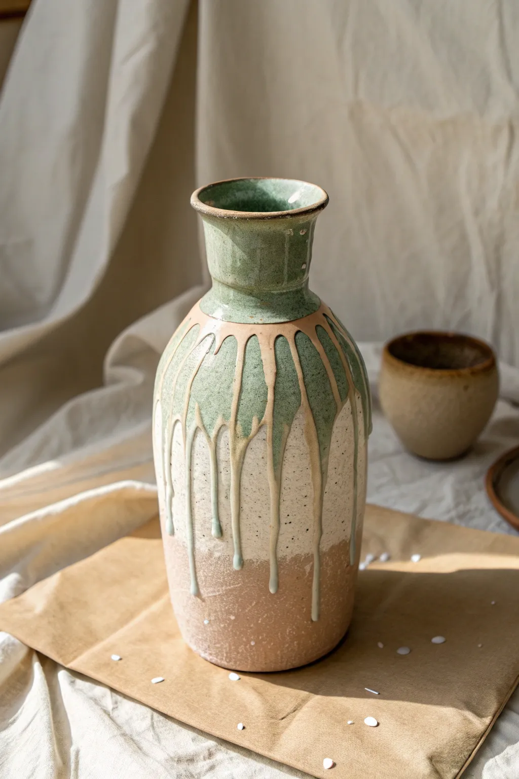Controlled paint drips glide down a mud vase for a modern Scandinavian-boho pour effect.