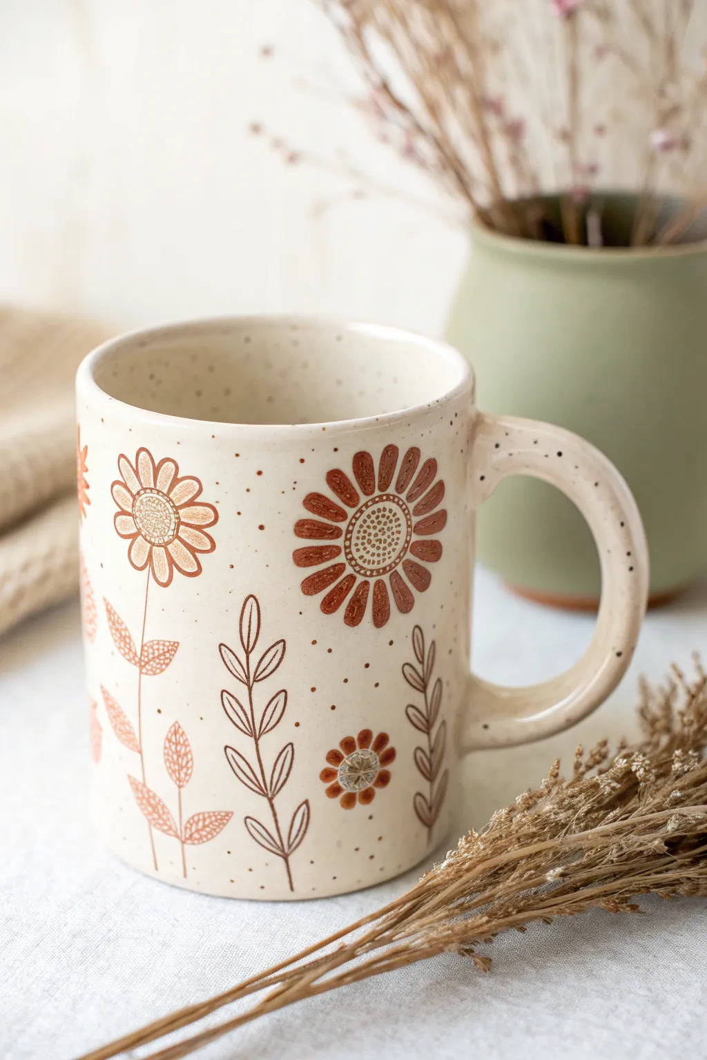 Dot-painted flower bursts on a matte mug, minimal and boho with satisfying painted texture