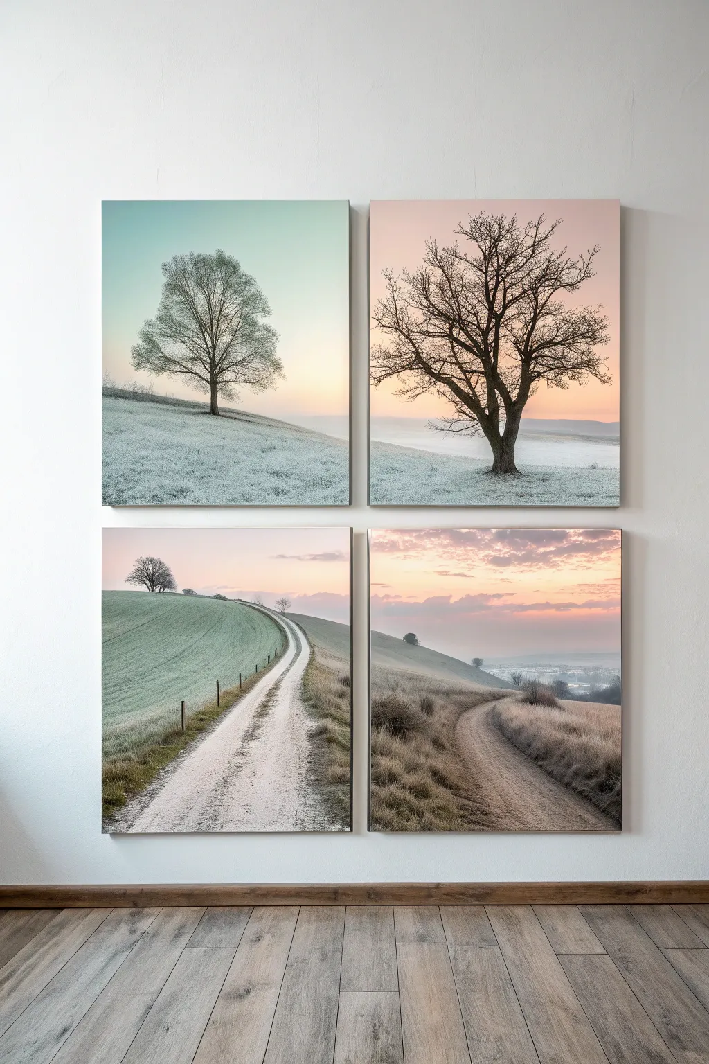 Four seasons, one minimalist landscape: a matching four canvas set that tells a calm story.