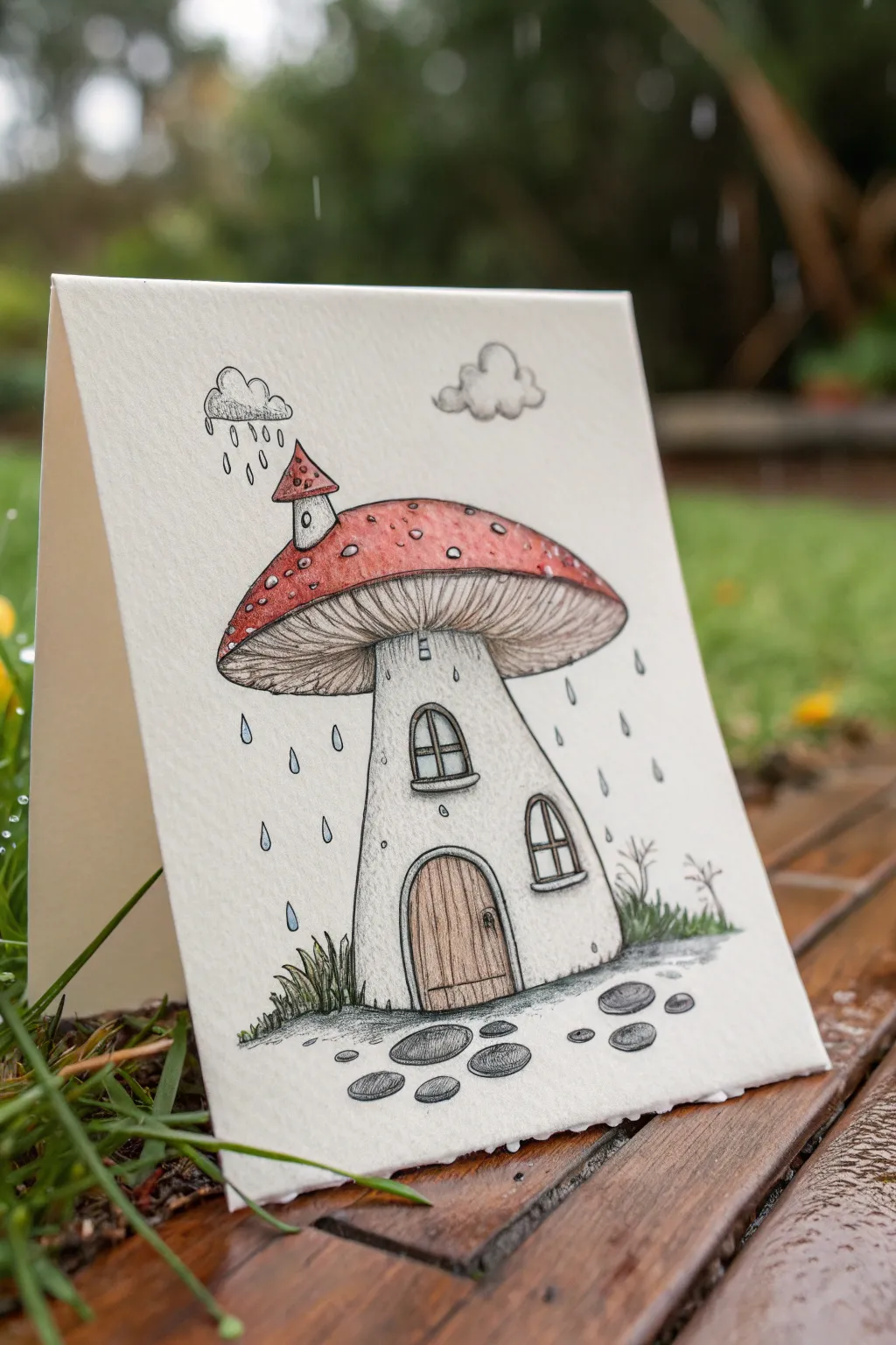 Rainy-day mushroom house cap like an umbrella, with dripping eaves and puddle reflections