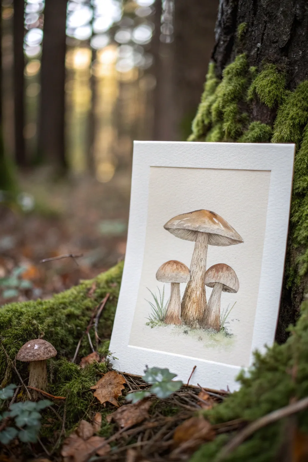 Crisp negative-space mushrooms pop against a mottled earthy wash for a modern boho look