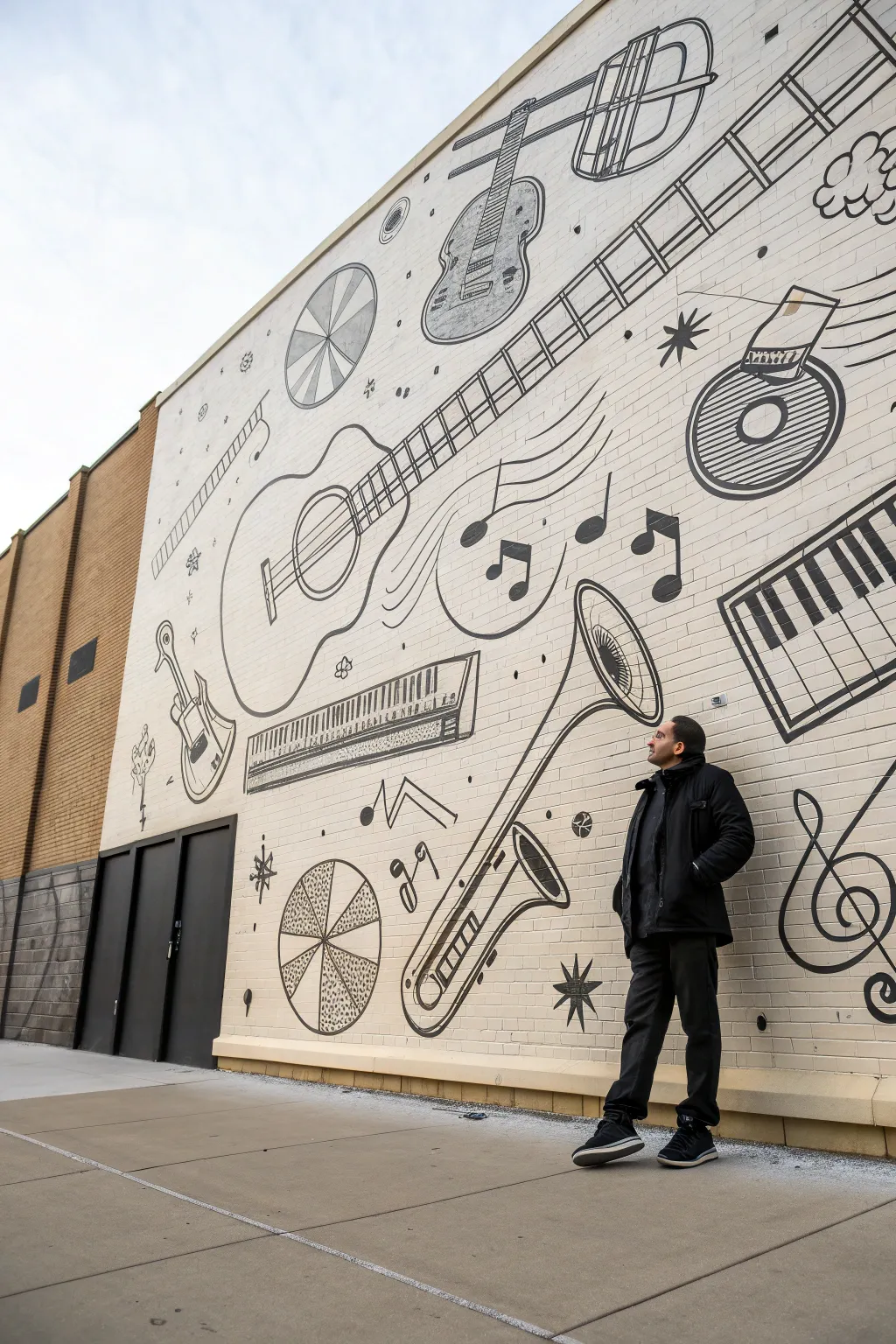 Monochrome instrument line-art mural with Scandinavian minimalism and a gentle boho mood