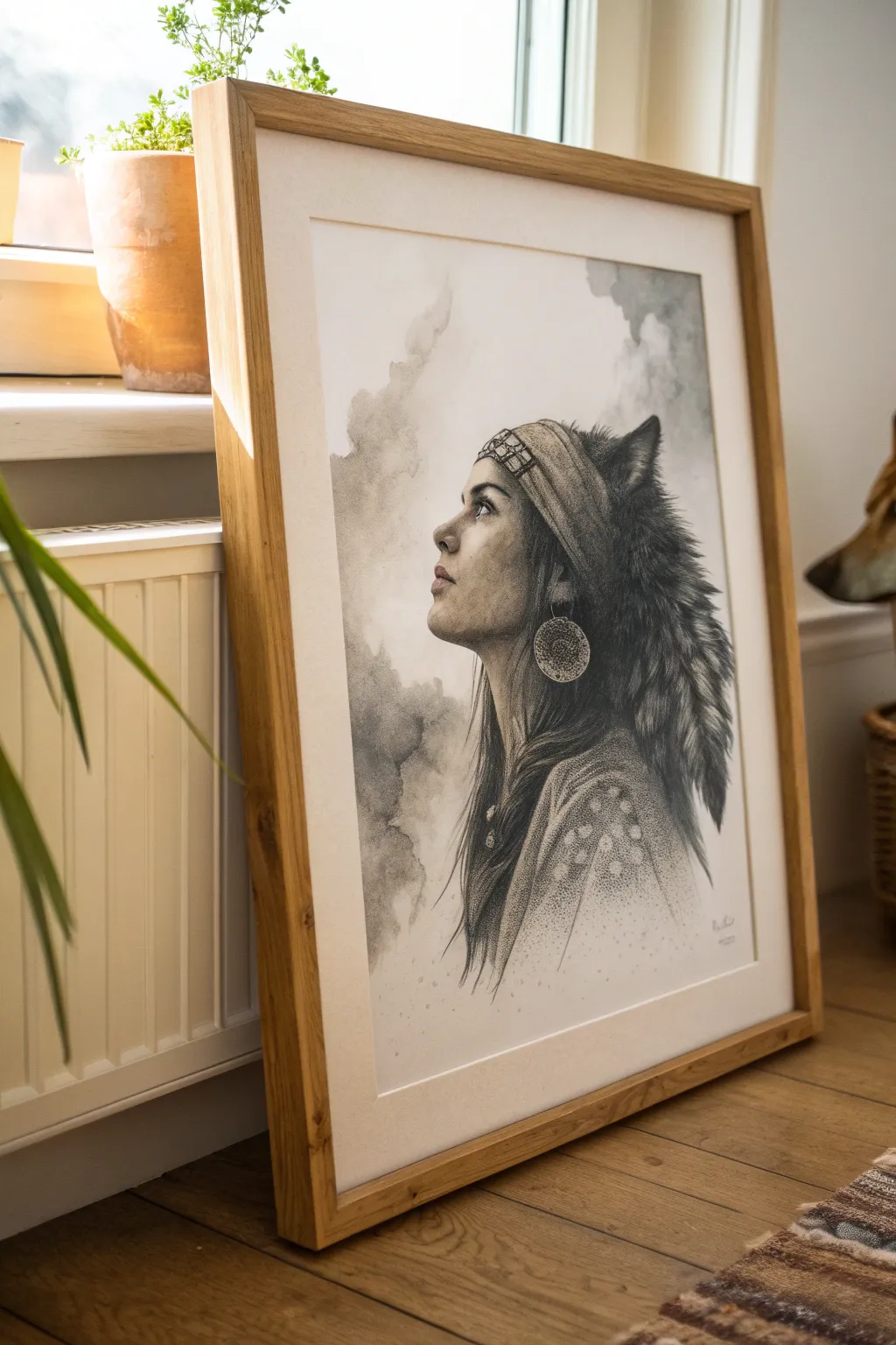Moody double-exposure portrait blending an Indigenous figure and wolf in minimalist charcoal contrast