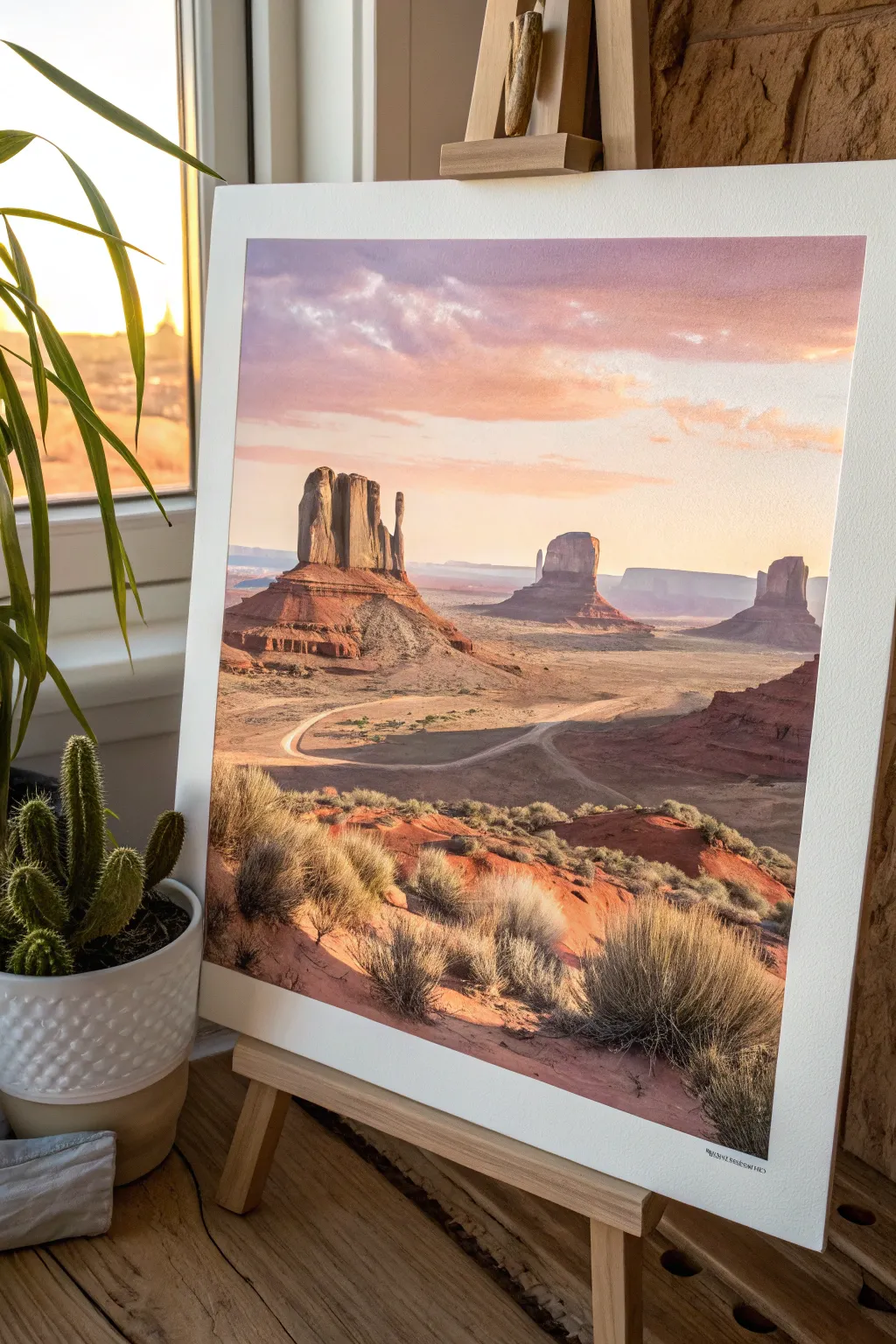 Desert sunset mesas in warm earth tones, layered shapes and long shadows for an easy painting study.
