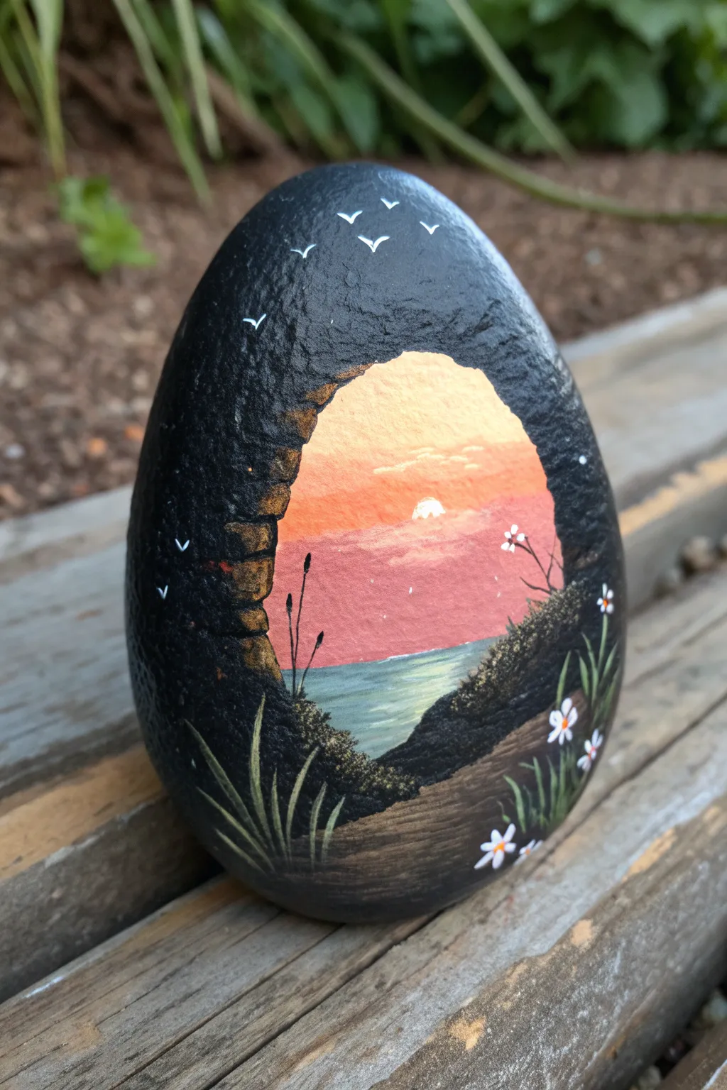 Peek-a-boo cave rock: dark opening framing a tiny bright meadow scene, simple and serene.