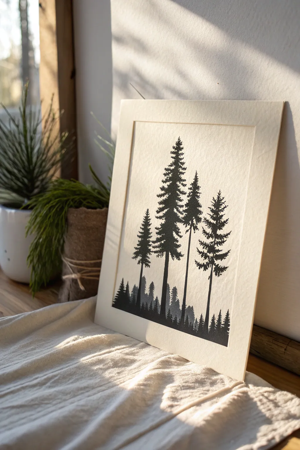 City skyline revealed inside a forest silhouette, crisp negative space in a high-contrast two-tone print