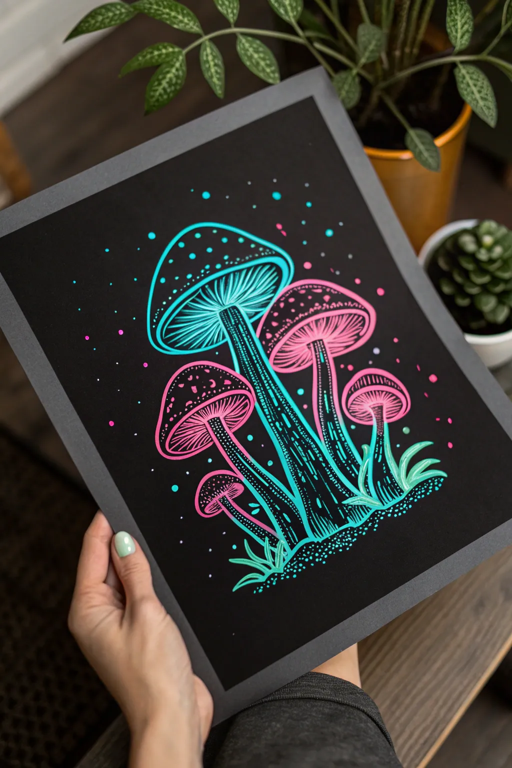 Delicate neon mushroom cluster on black, surrounded by magical glowing spores for bold contrast.