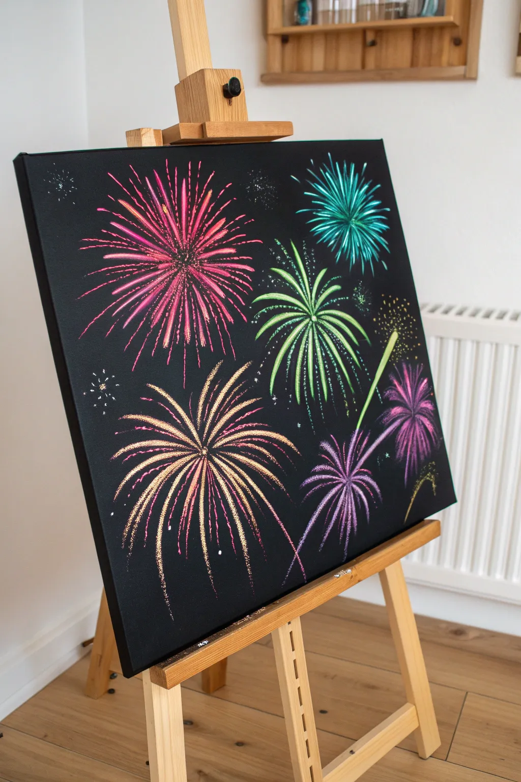 Neon fireworks on black canvas with flicked trails and spatter for bold, glowing contrast.