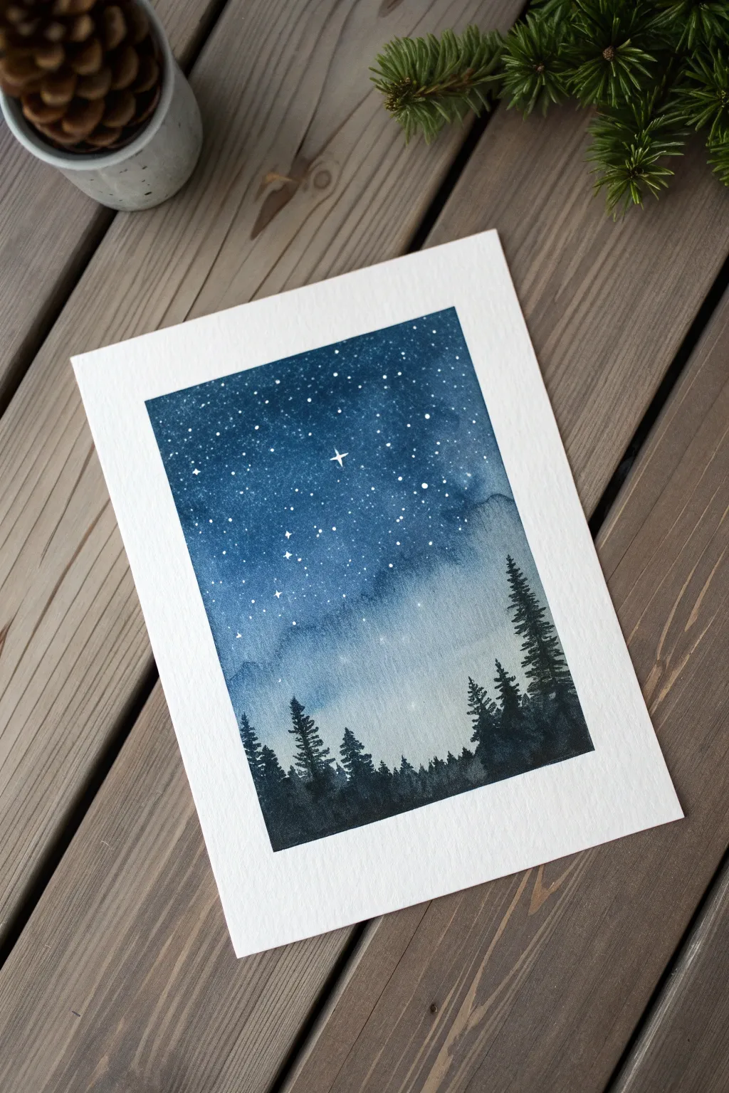 Try negative-space stars: mask crisp dots, paint a deep gradient sky, then reveal the glow.
