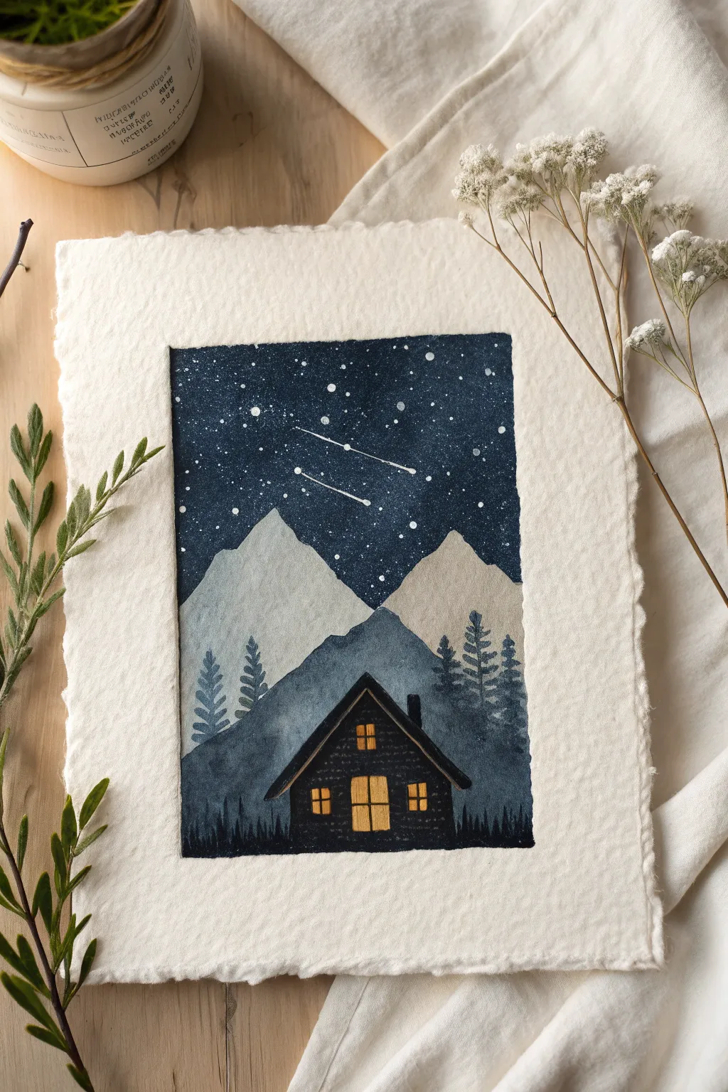 Cozy cabin glow beneath a starry sky, minimalist mountain night scene to paint tonight
