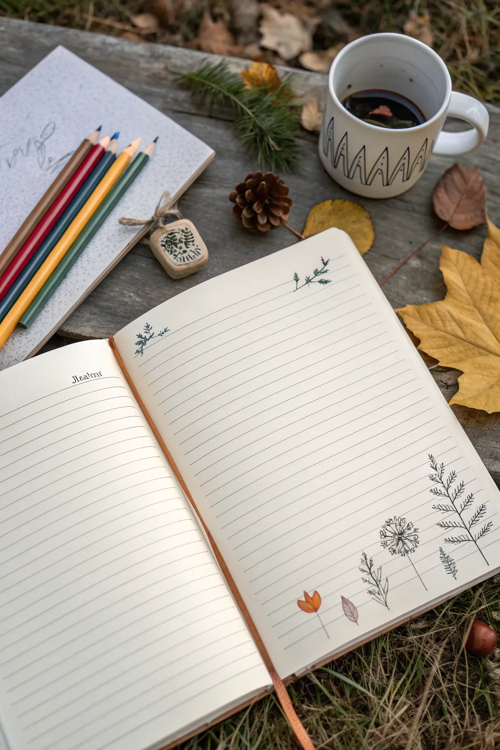 Minimal color stripe palette page with tiny matching doodles, clean Scandinavian boho sketchbook vibe