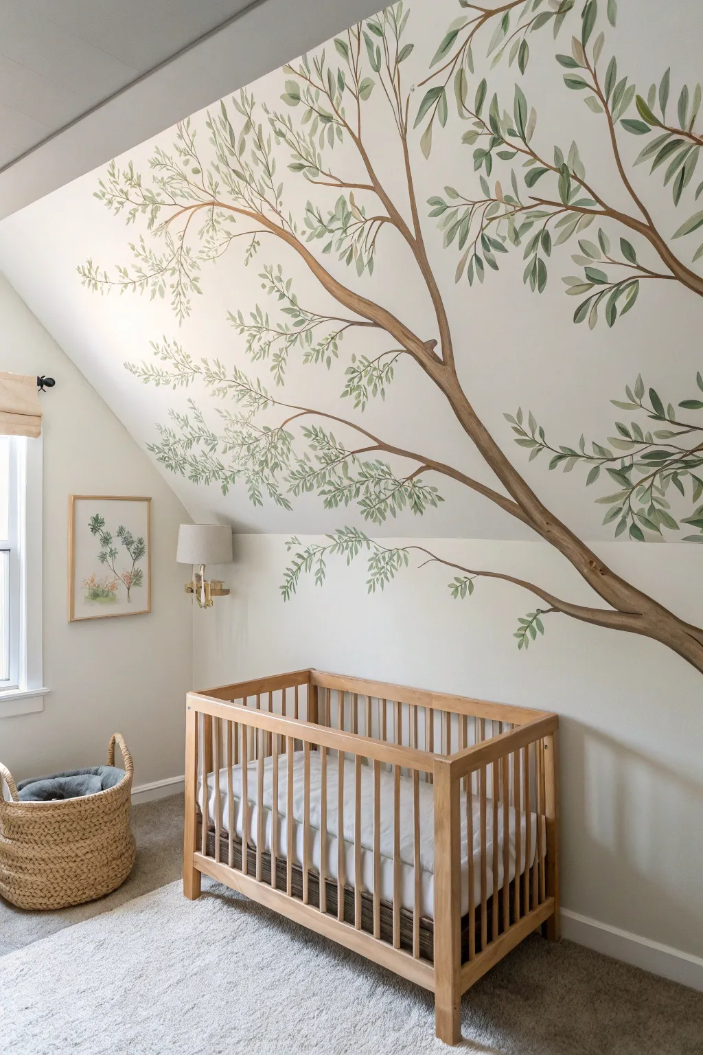 Tree branch canopy mural climbing a sloped ceiling for a dreamy, architecture-friendly nursery.
