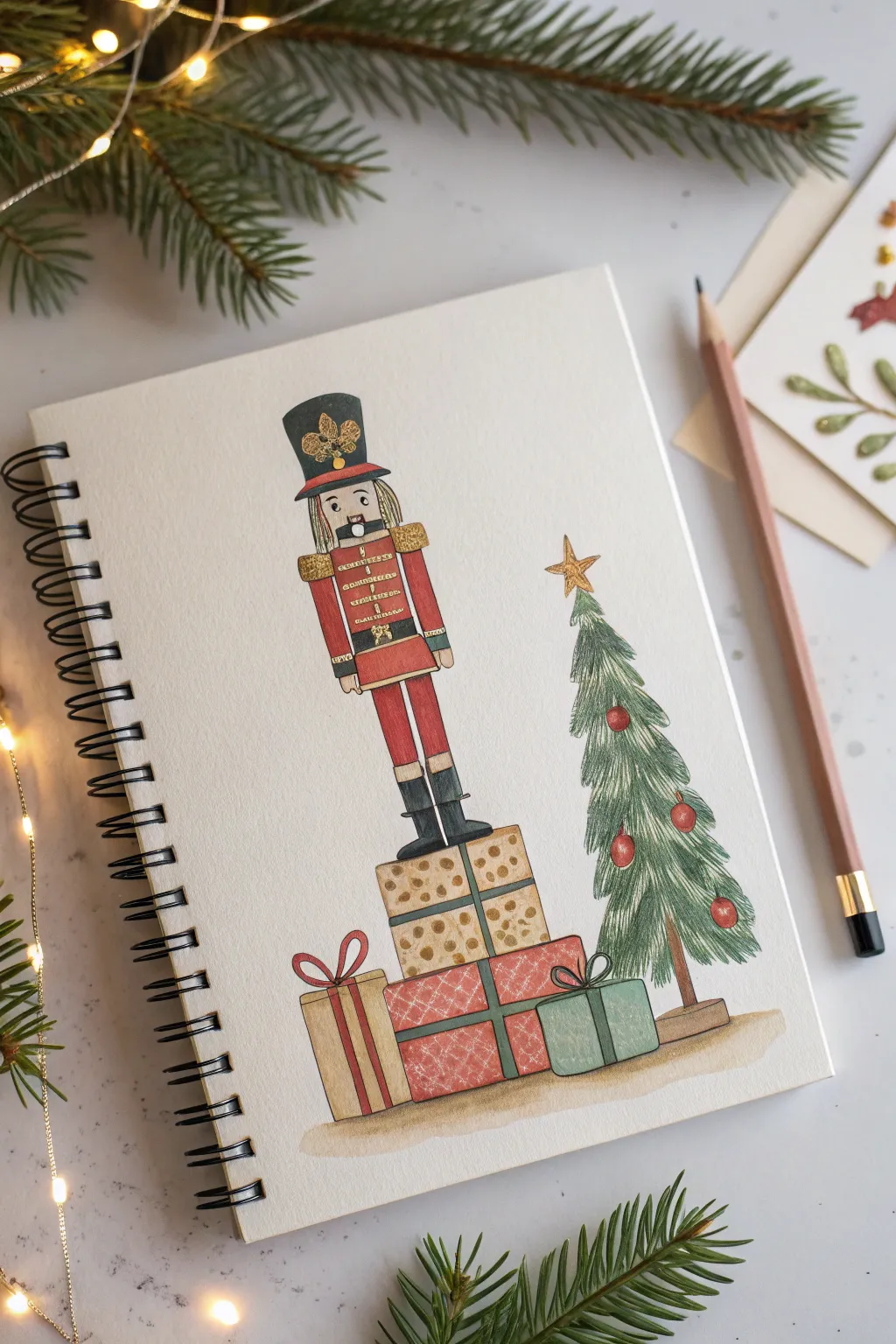 Cozy nutcracker guarding a gift stack, minimalist Scandinavian boho drawing inspiration