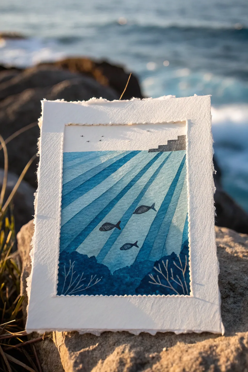 Dreamy tissue-paper sunbeams and drifting fish silhouettes for minimalist ocean wall art.