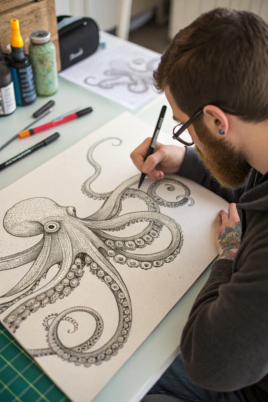 Octopus arm close-up with bold suckers, smooth shading, and delicate skin texture details.