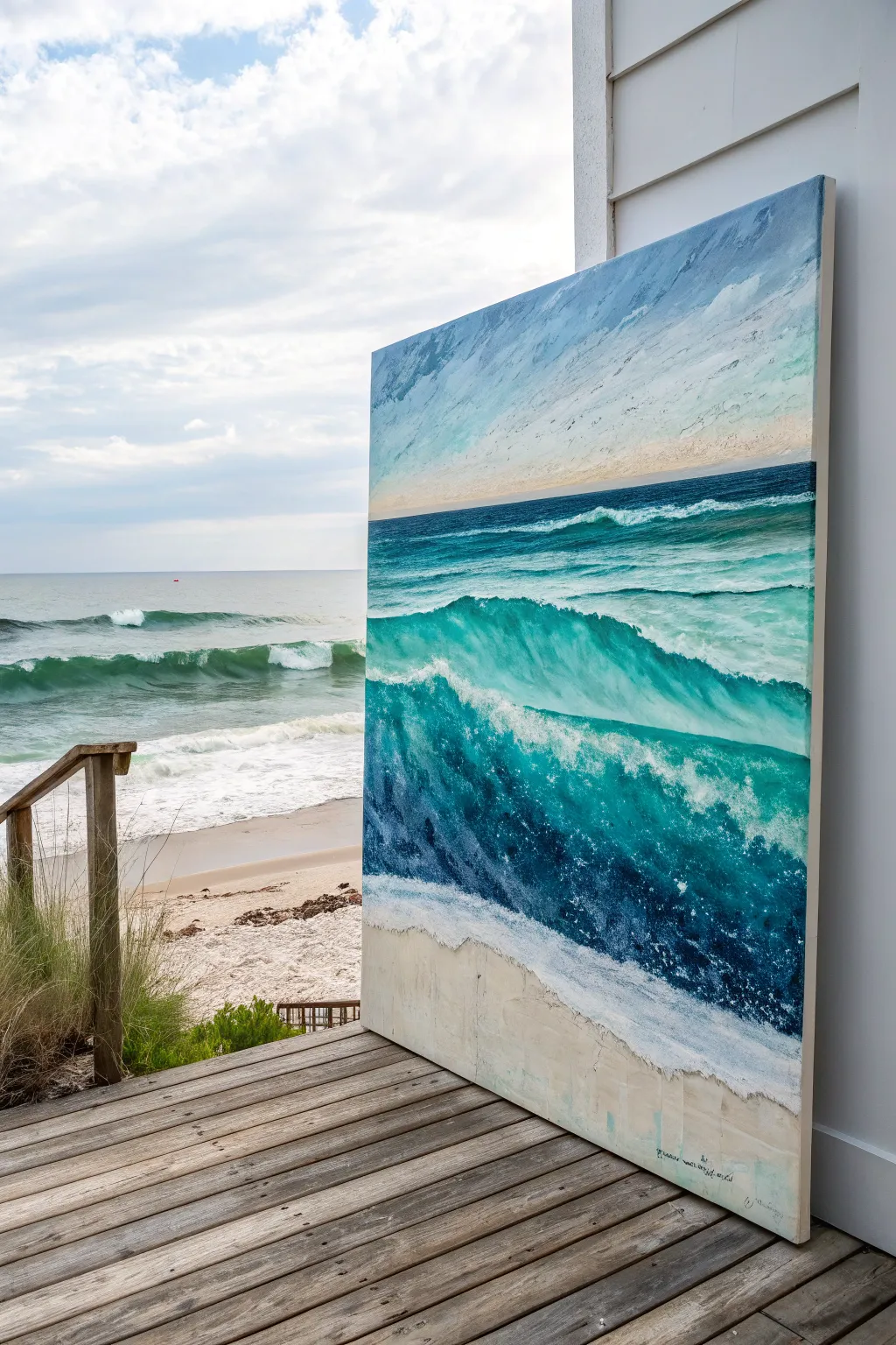 Minimal abstract ocean color bands in sea-glass greens and ultramarine with subtle wave texture