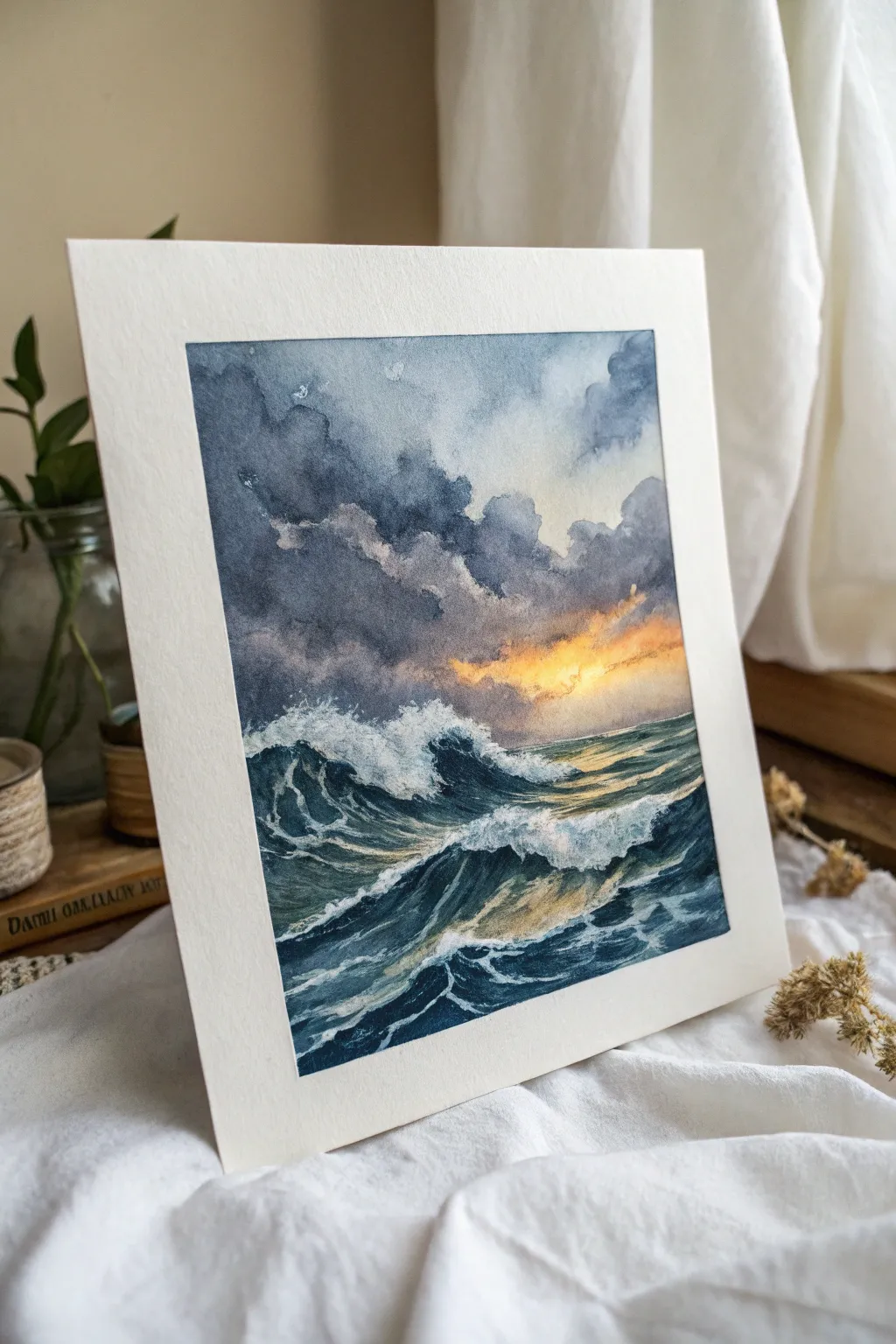 Stormy sea painting with dark waves and sunlit cloud breaks, minimal Scandinavian boho mood.