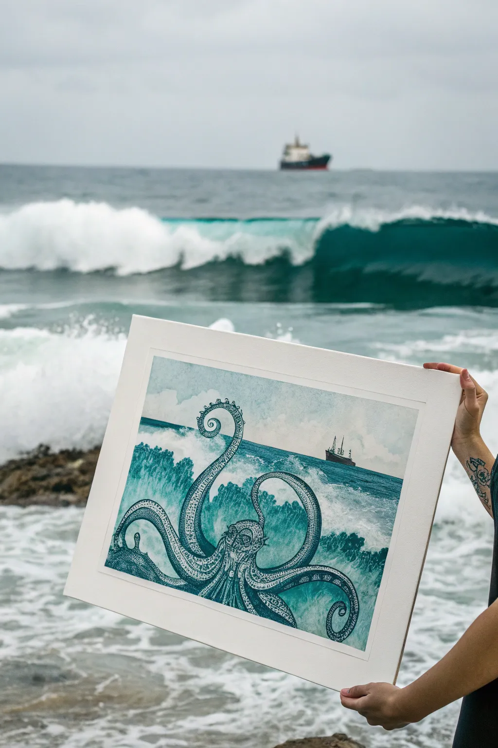 Shipwreck kraken octopus rising from indigo waves, minimalist Scandinavian boho drama