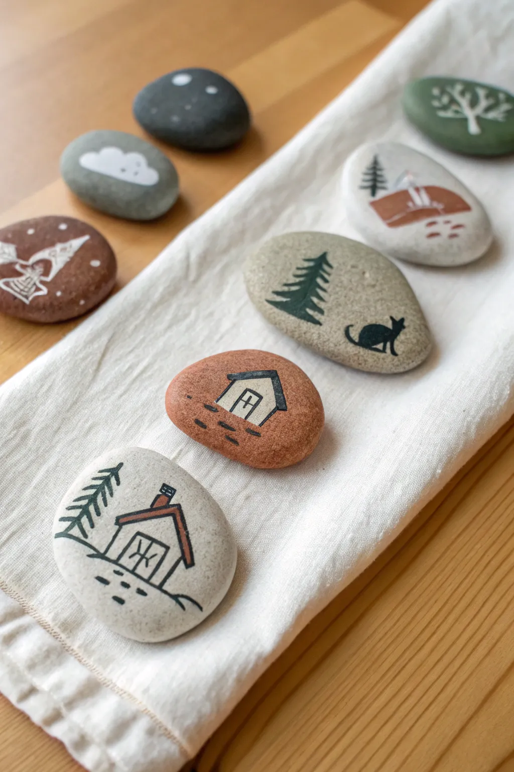 Turn reject-shaped rocks into minimalist story stones with simple icons and calming Nordic tones